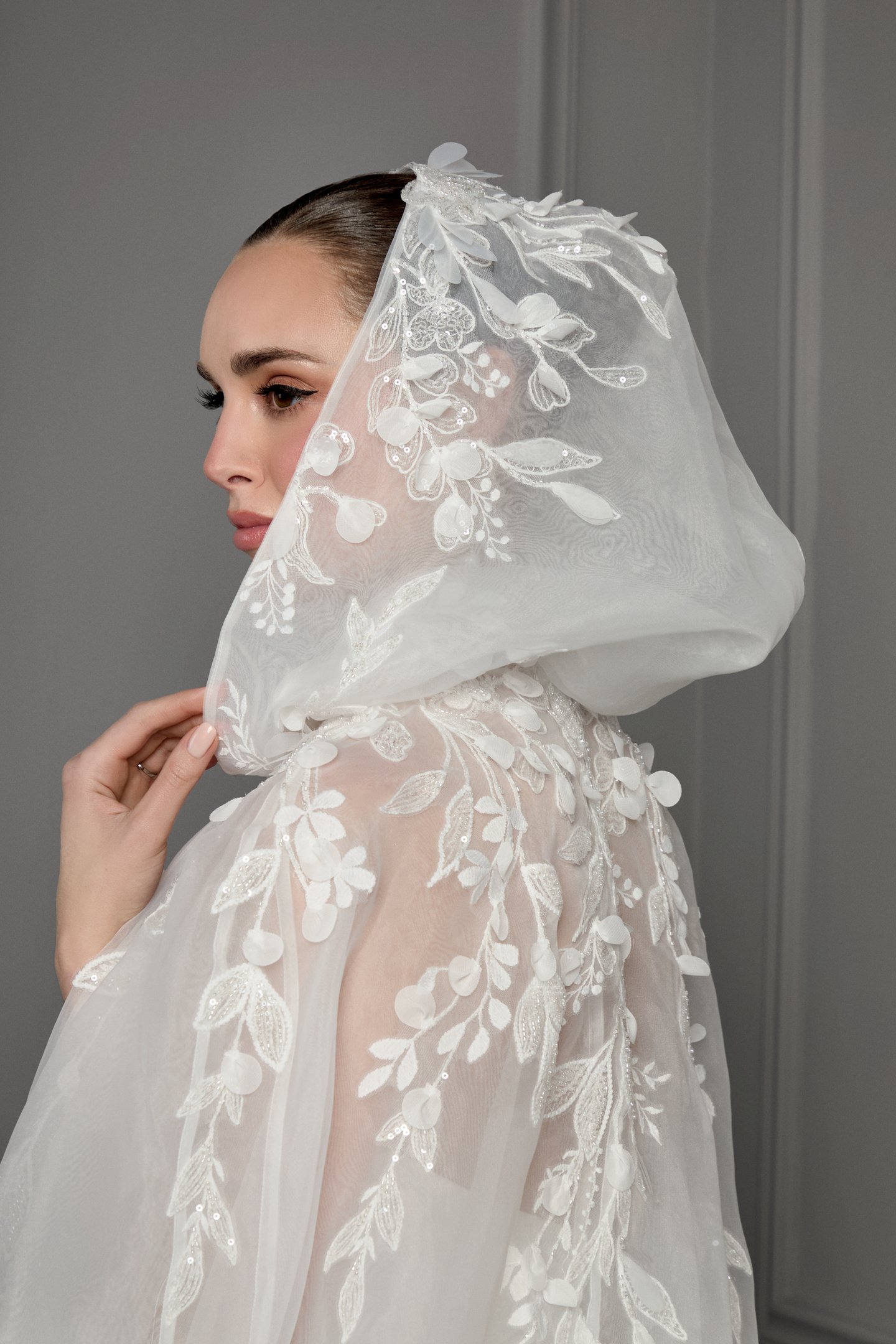 Thanks & Goodluck Style TG1184 Organdy Hooded Cape with Sequined Lace Appliqués and 3D Petals