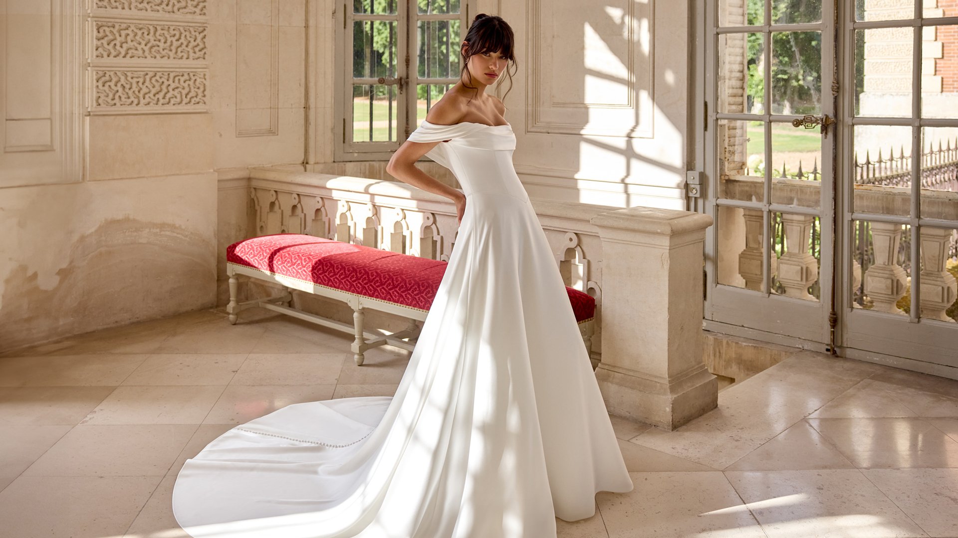 Adore by Justin Alexander Style 11428 Cezanne Clean Satin A-Line with Cowl Neckline and Off-the-Shoulder Straps
