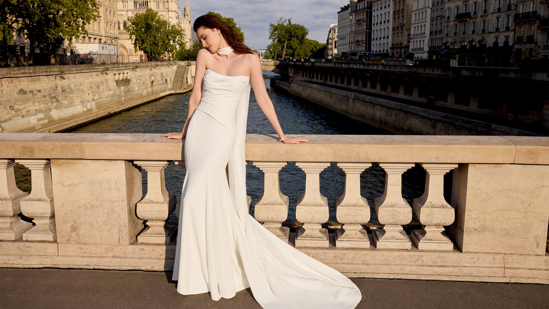 Adore by Justin Alexander Style 11429 Fabienne Stretch Crepe Fit and Flare with Ruched Bodice and Asymmetrical Waist