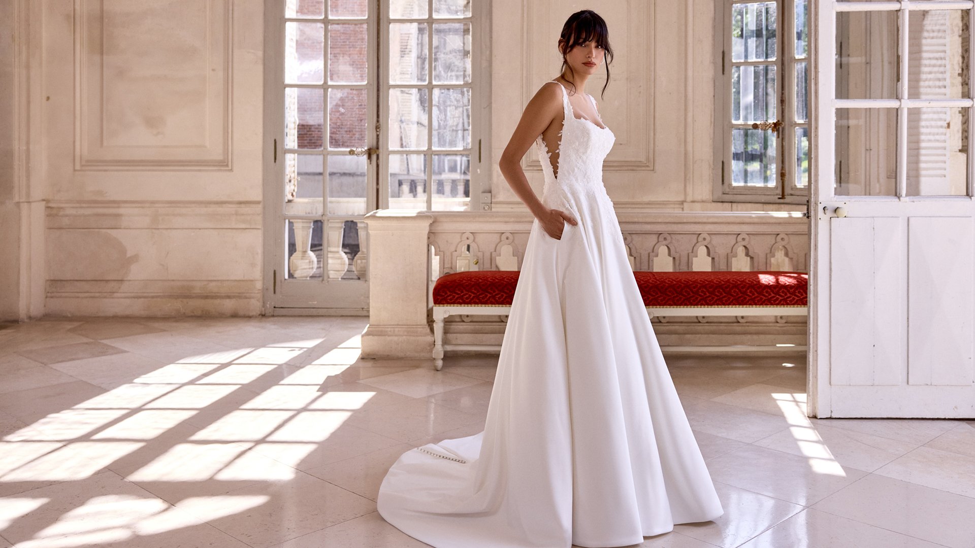 Adore by Justin Alexander Style 11435 Madeline Satin A-Line Gown with Square Neckline and Beaded Lace Appliqués