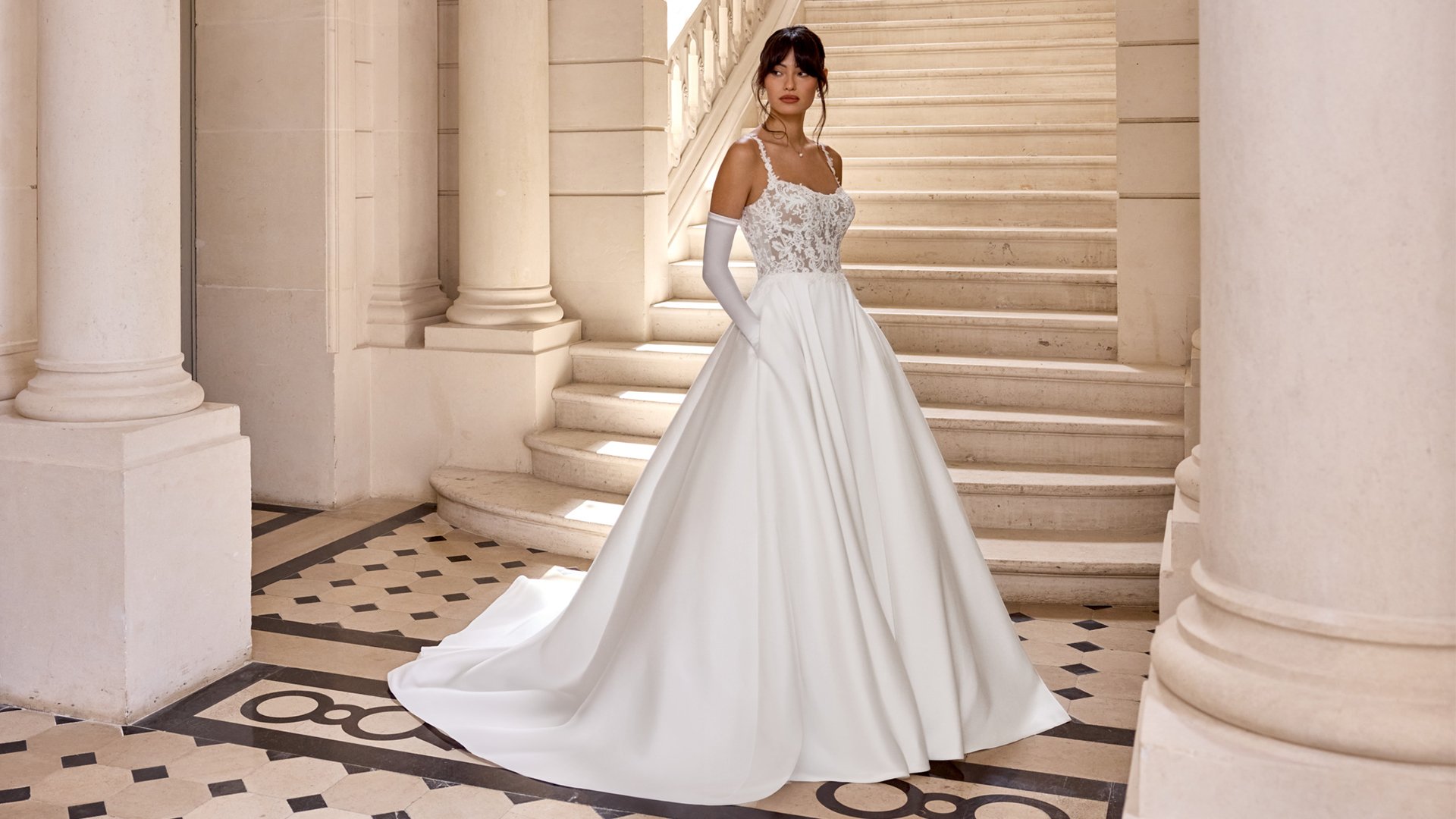 Adore by Justin Alexander Style 11442 Charline Mikado A-Line with Scoop Neckline and Matte Lace Appliqués on Bodice