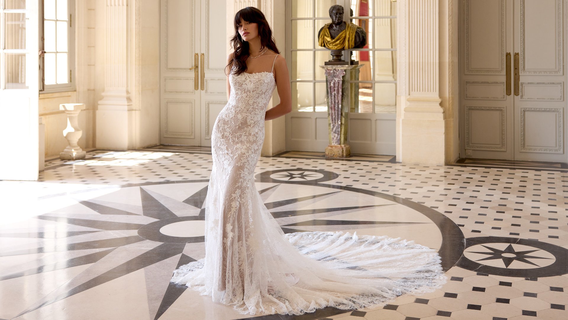 Adore by Justin Alexander Style 11445 Adeline Allover Lace Fit and Flare with Scalloped Lace Chapel Length Train