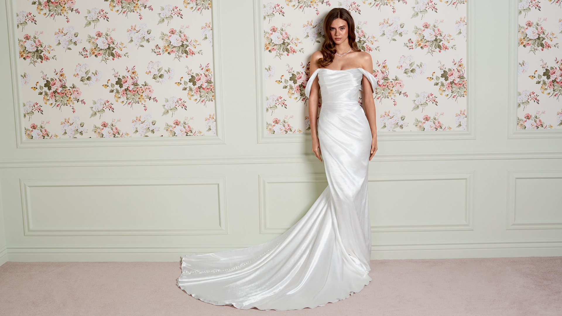 Adore by Justin Alexander Style 11455 Shirley Satin Fit and Flare Bridal Gown with Ruched Bodice and Asymmetrical Draping Across Skirt