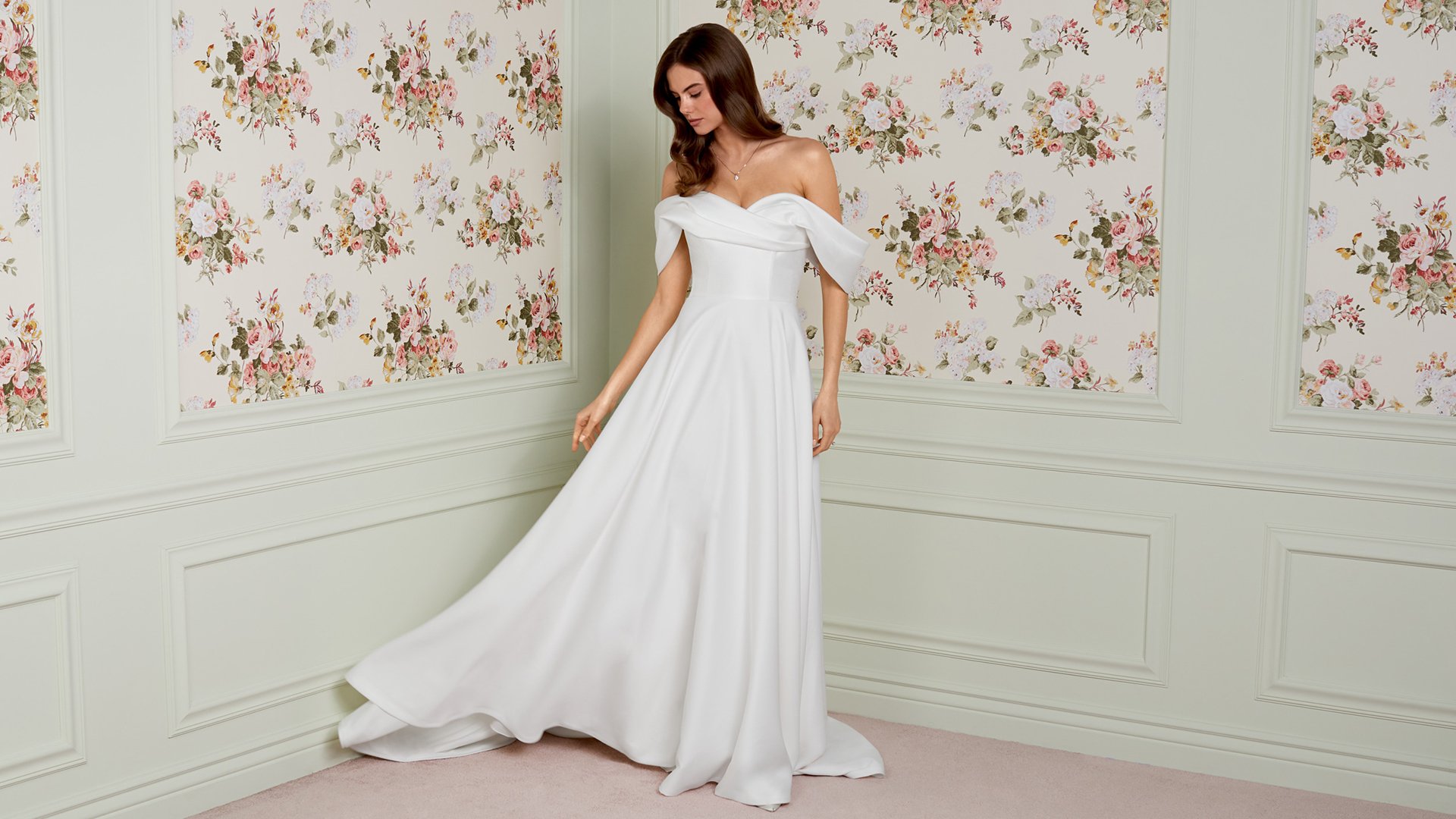 Adore by Justin Alexander Style 11456 Effie Crepe A-Line Bridal Gown with Off-the-Shoulder Pleated Neckline