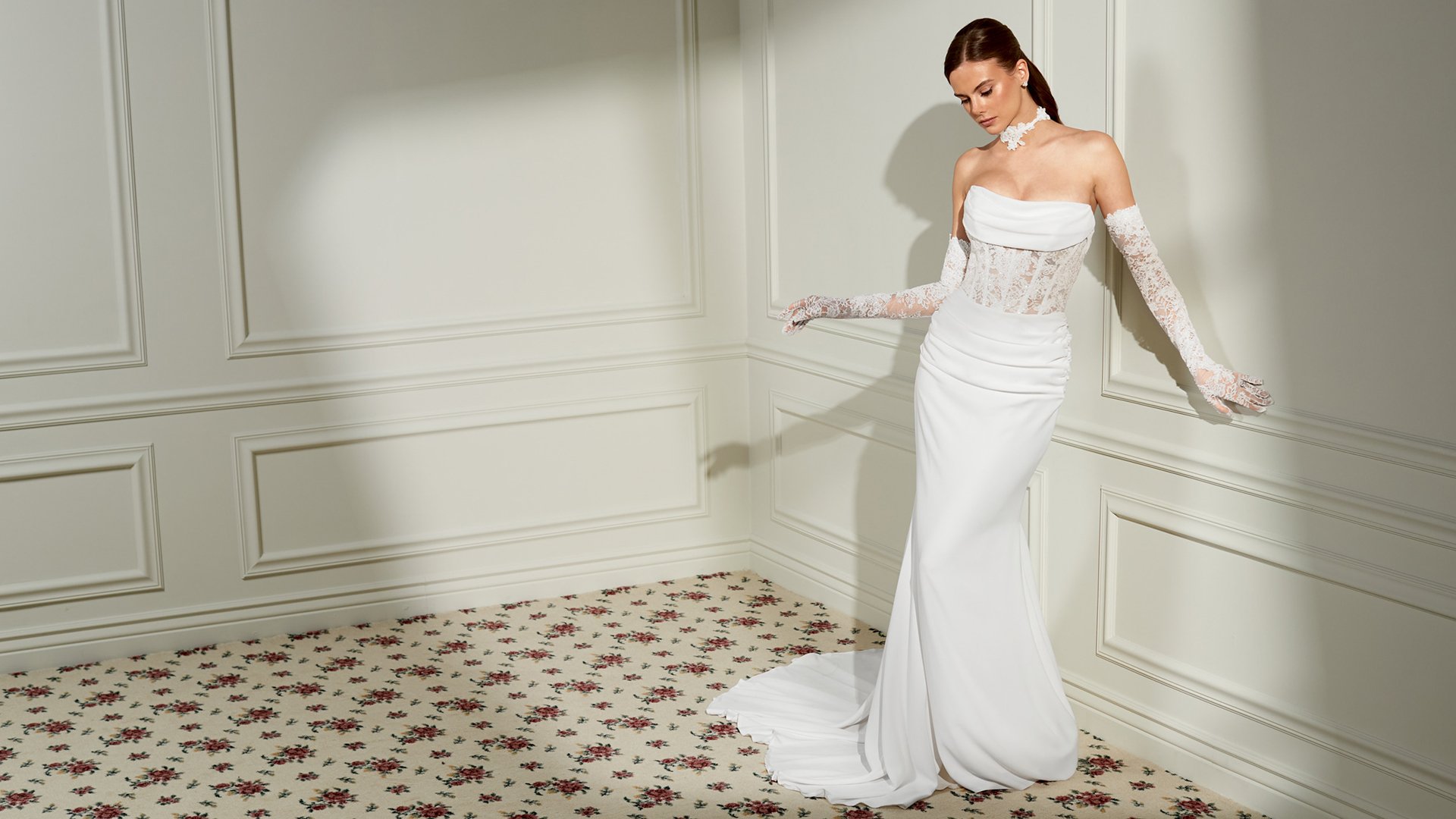 Adore by Justin Alexander Style 11462 Vera Crepe Fit and Flare Bridal Gown with Draped Cowl Detail at Neckline and Sheer Bodice
