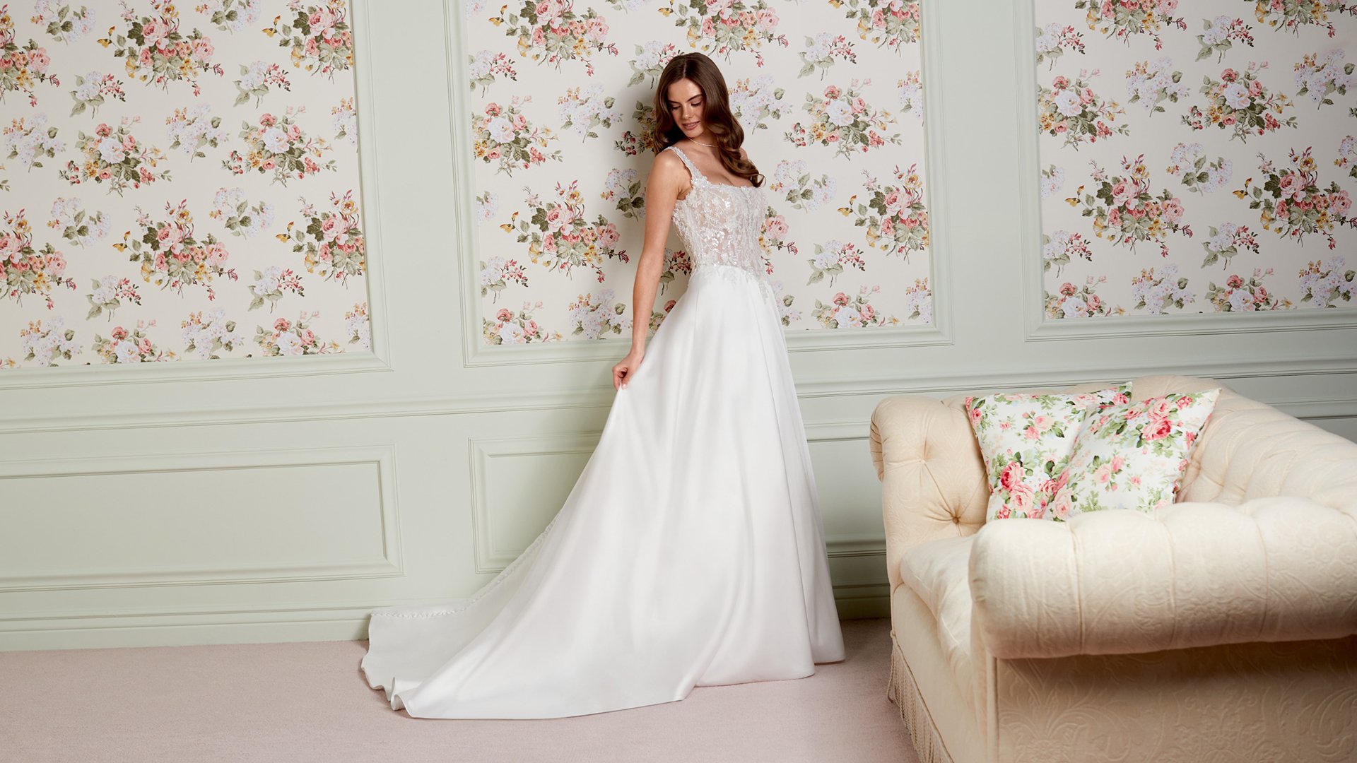 Adore by Justin Alexander Style 11464 Florence Mikado A-Line Bridal Gown with Sparkling Bodice Adorned with Beaded and Sequined Lace Appliqués and Pockets
