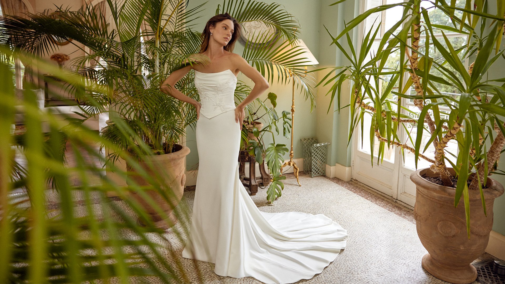 Justin Alexander Style 88500 MONROE Strapless Faux Two-Piece Crepe Fit & Flare with Tonal Beaded Appliqués