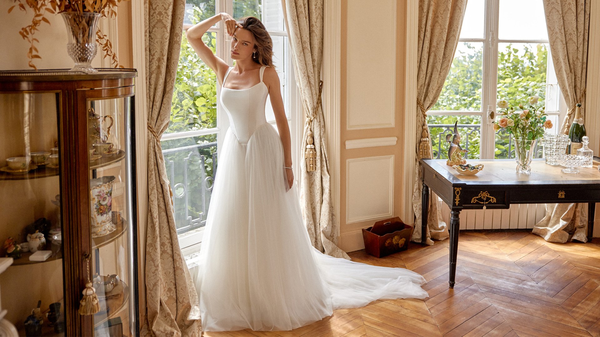 Justin Alexander Style 88503 MILLIE A-Line Tulle Gown with Mikado Bodice and Square Basque Waistline
