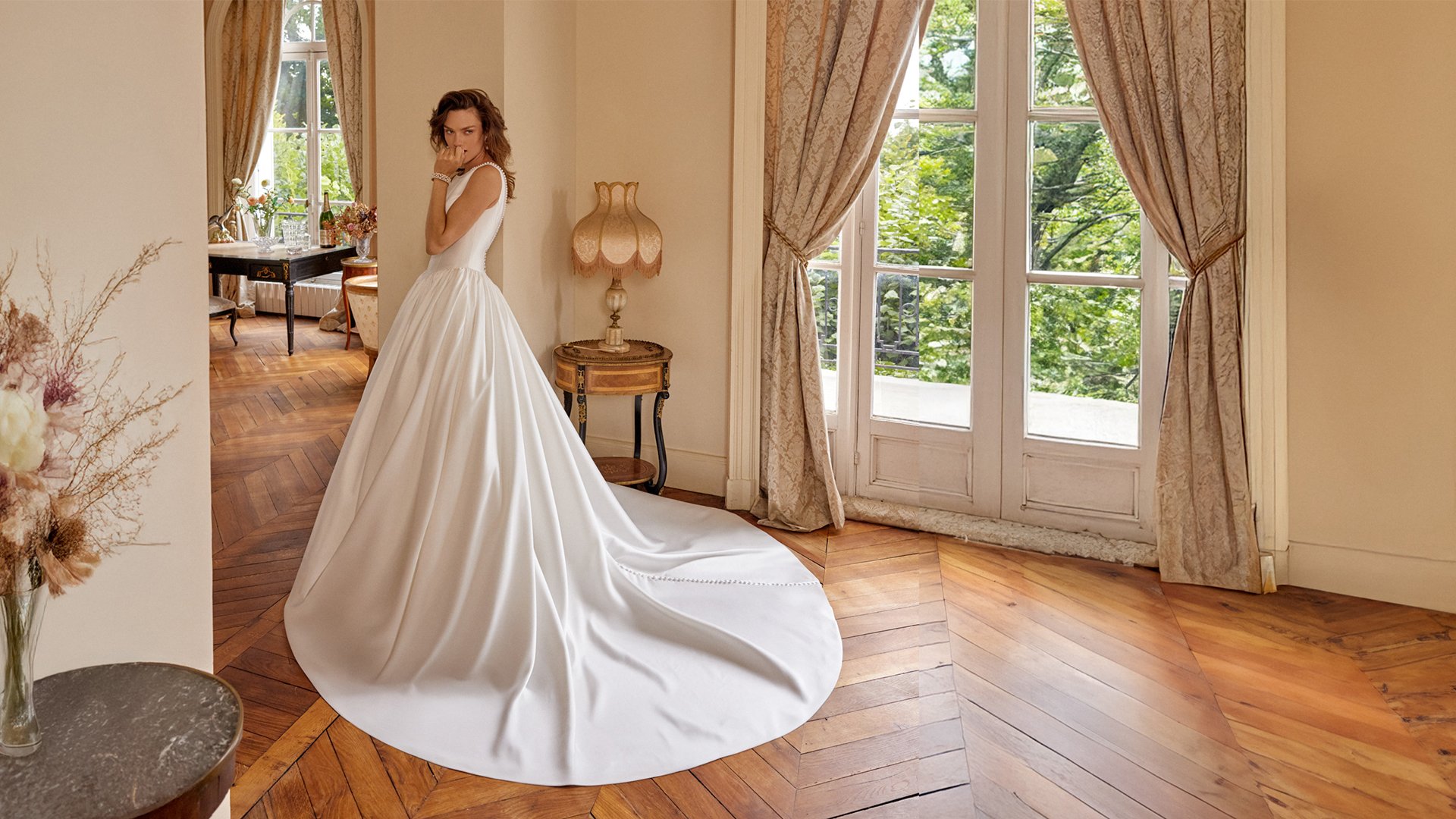 Justin Alexander Style 88504 MCKENNA Mikado Ball Gown with Pearl Trim Sabrina Neckline and Low V-Back