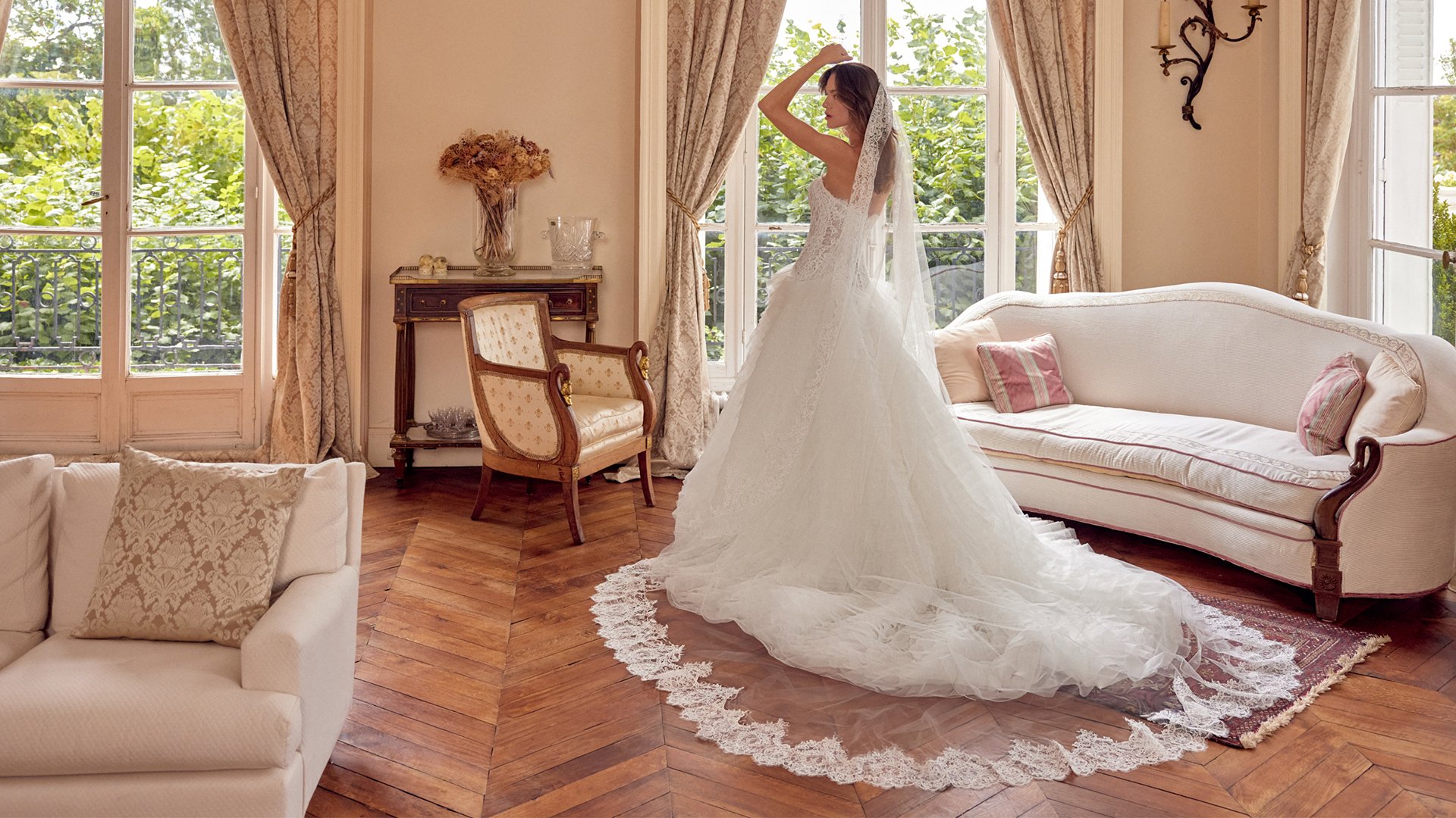 Justin Alexander Style 88508 MAGDALENA Strapless Ball Gown with Corded Alençon Lace Bodice and Ruffled Skirt