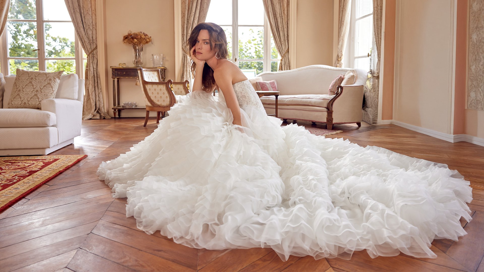 Justin Alexander Style 88508 MAGDALENA Strapless Ball Gown with Corded Alençon Lace Bodice and Ruffled Skirt