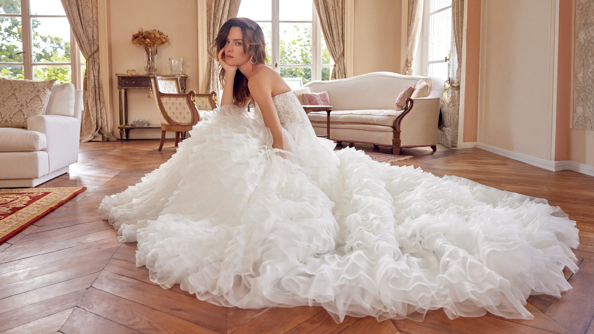 Justin Alexander Style 88508 MAGDALENA Strapless Ball Gown with Corded Alençon Lace Bodice and Ruffled Skirt