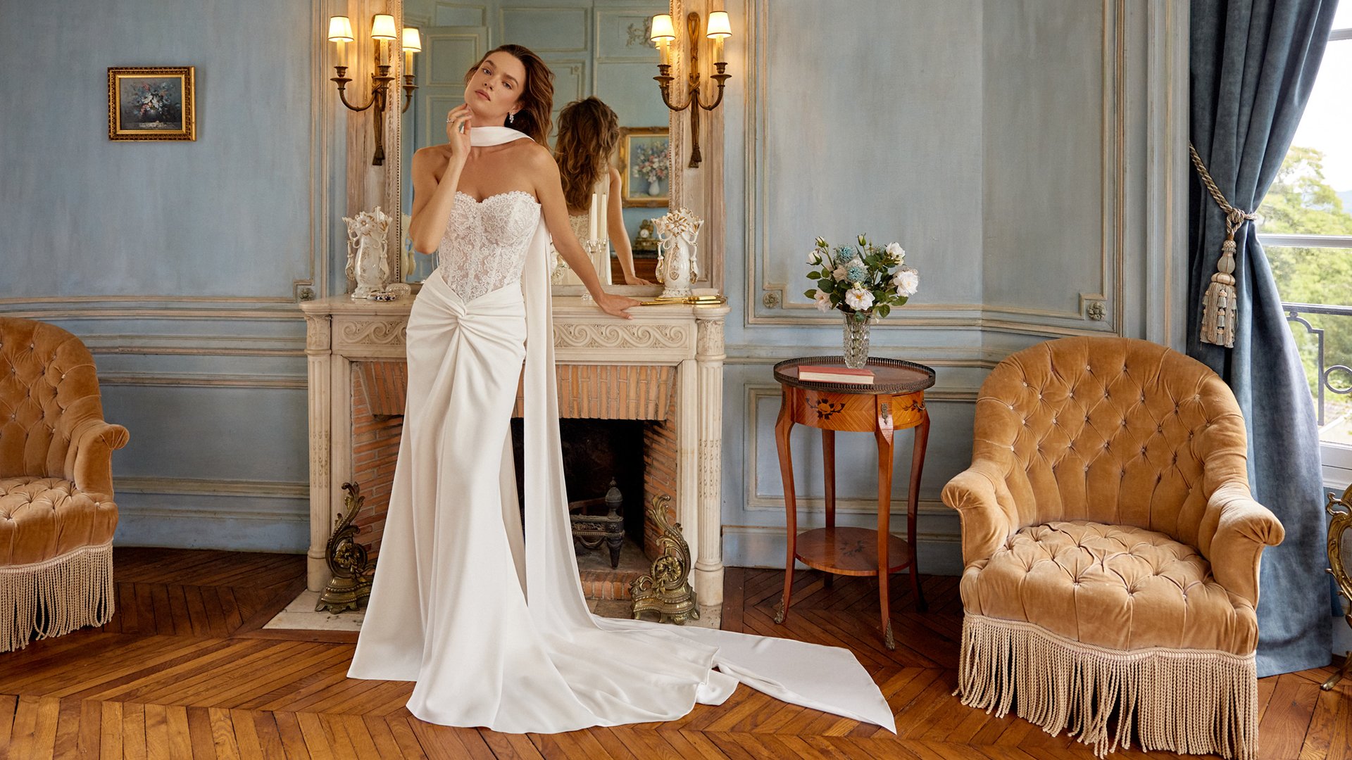 Justin Alexander Style 88513 MAYA Fit and Flare with Matte Lace Illusion Bodice and Crepe Ruched Skirt
