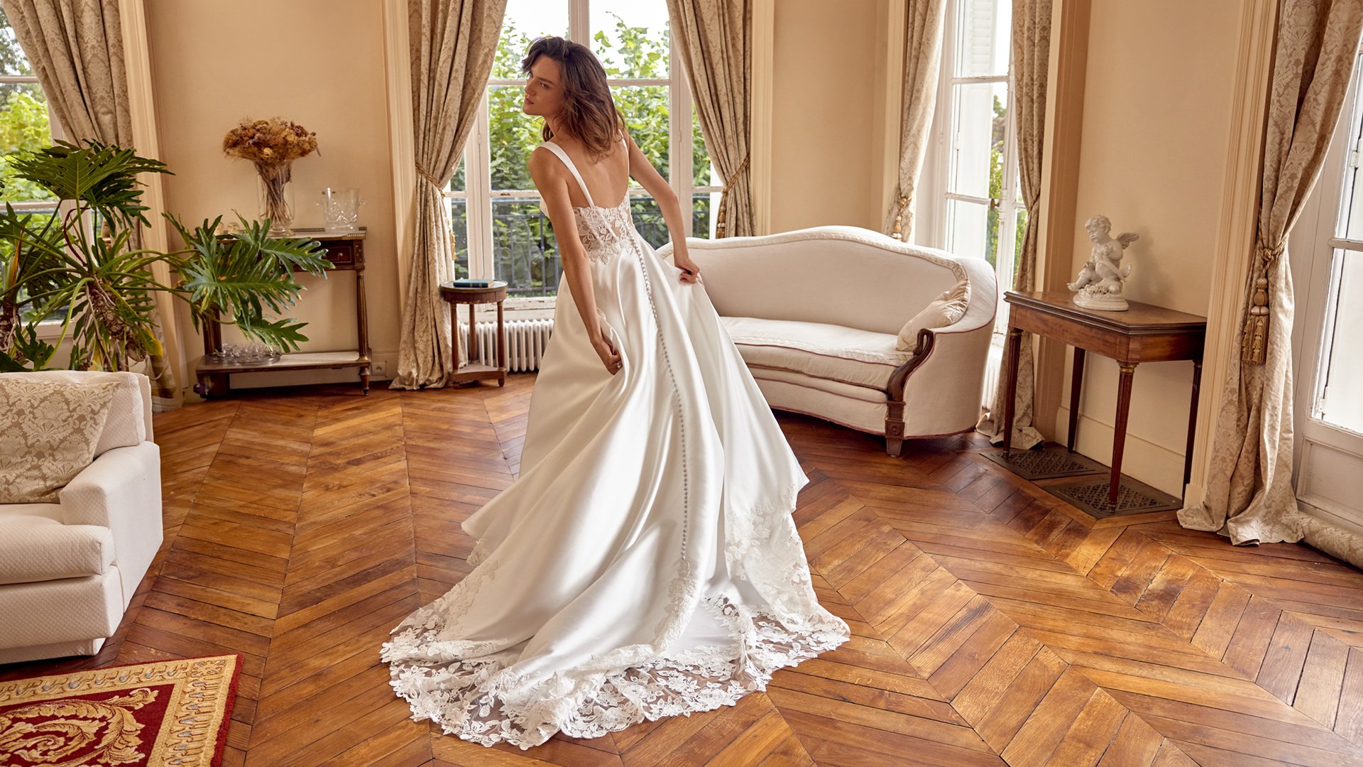 Justin Alexander Style 88520 MATILDA Mikado A-Line Gown with Demi Cup Detail and Matte Lace Appliqués