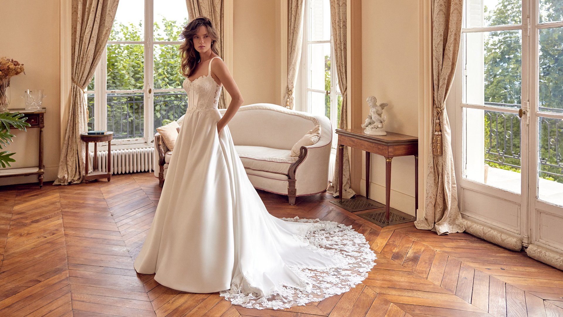 Justin Alexander Style 88520 MATILDA Mikado A-Line Gown with Demi Cup Detail and Matte Lace Appliqués