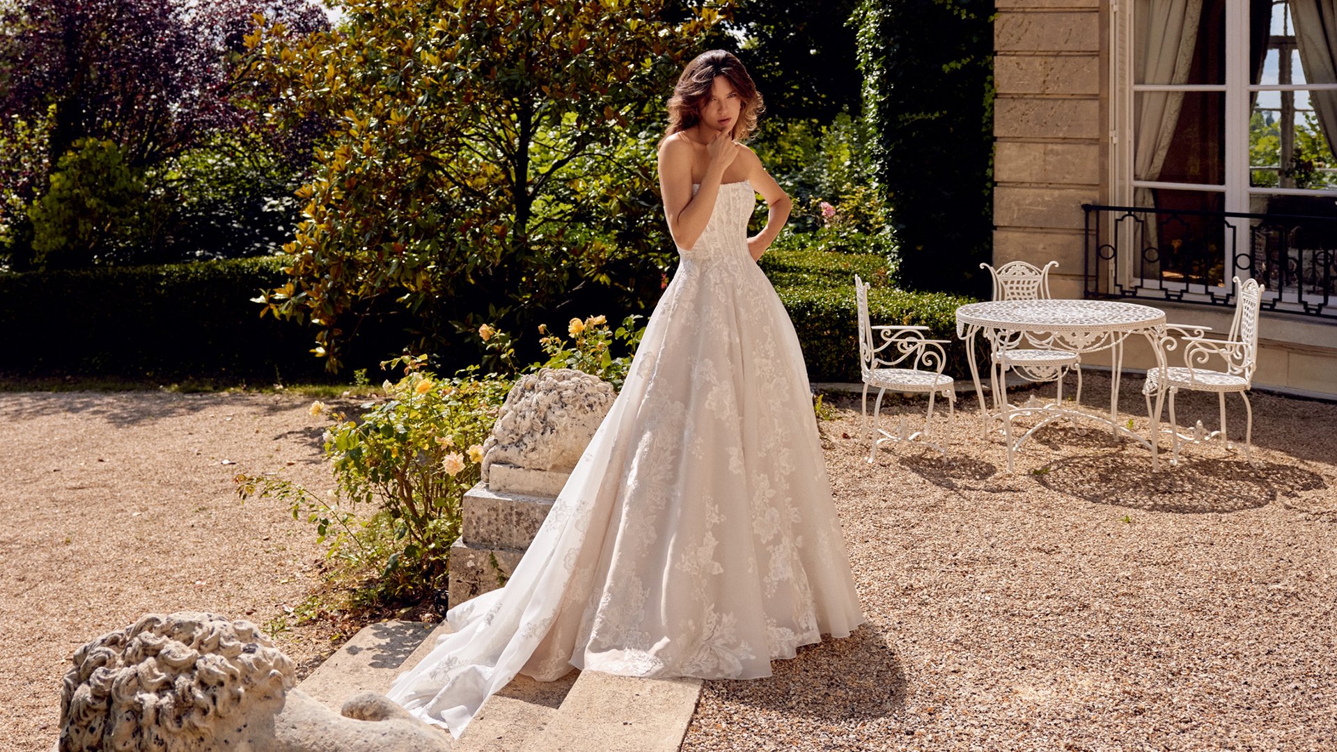 Justin Alexander Style 88524 MONET Organdy Ball Gown with Matte Embroidered Lace Appliqués and Pockets