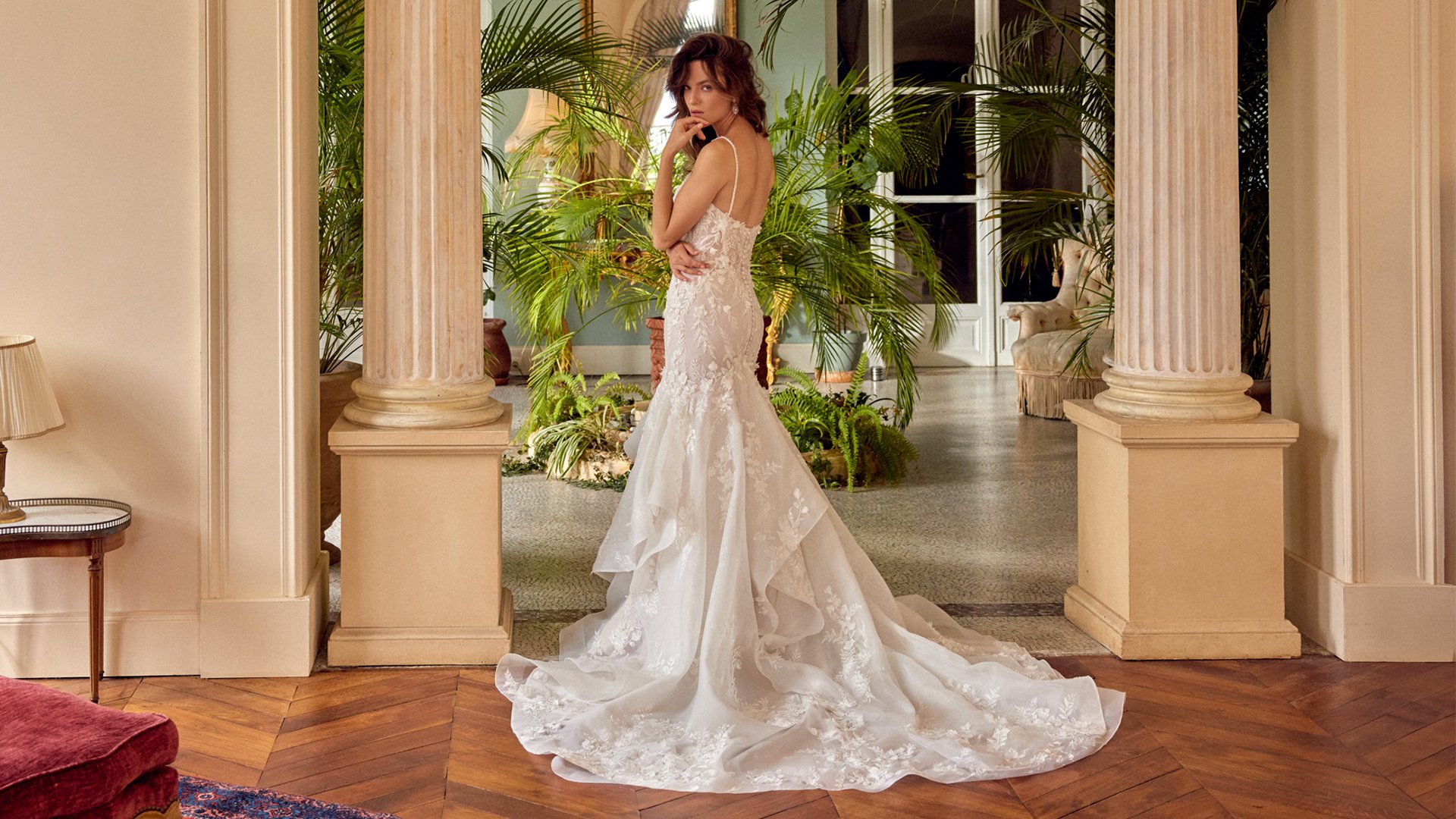 Justin Alexander Style 88528 MARJORIE Organza Mermaid Gown with Tiered Ruffle Skirt and Lace Appliqués