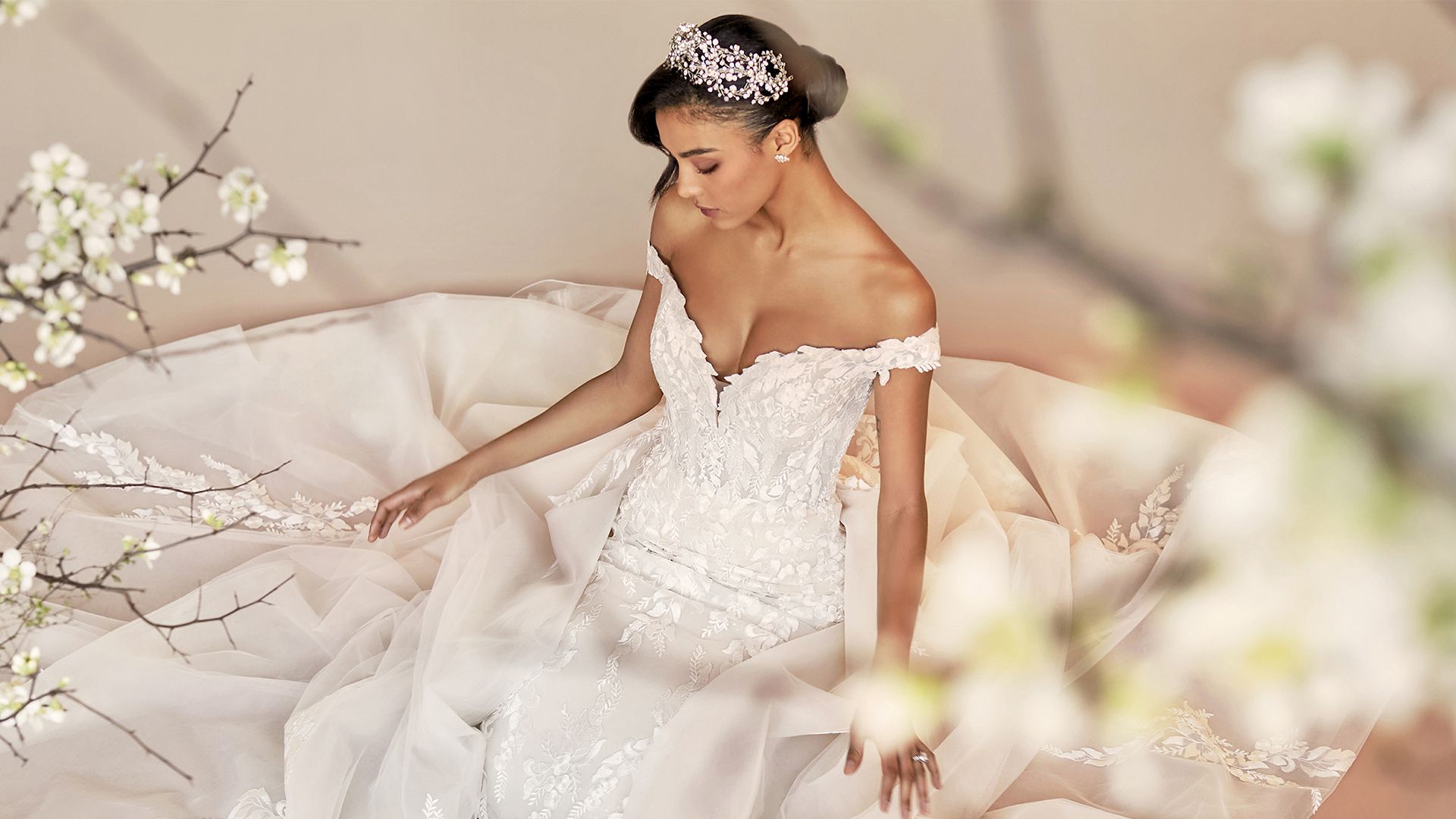 Justin Alexander Style 88245 Deidra Off-the-Shoulder Dress with Sequin Tulle and Leafy Appliqués