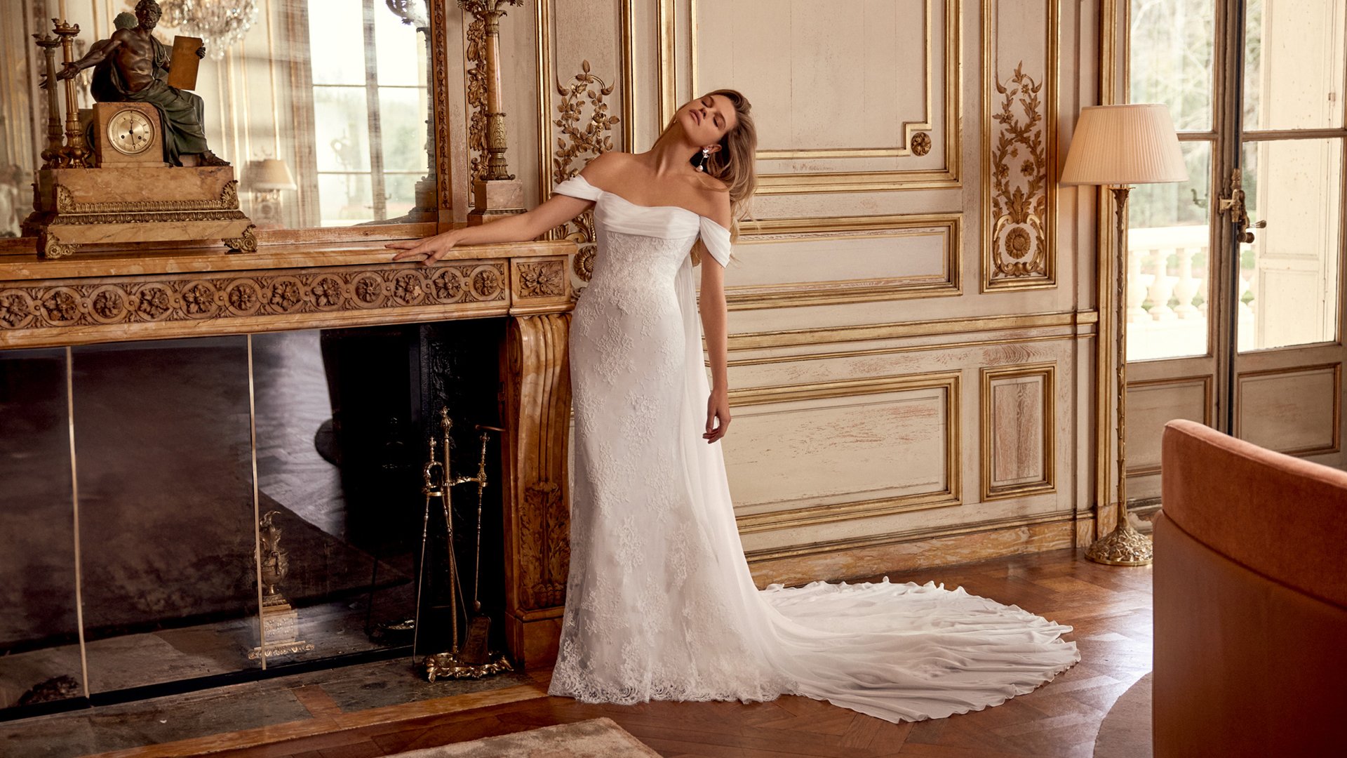 Justin Alexander Style 88542 Ninette Corded Alençon Lace Fit and Flare Gown with Draped Chiffon Off-the-Shoulder Neckline