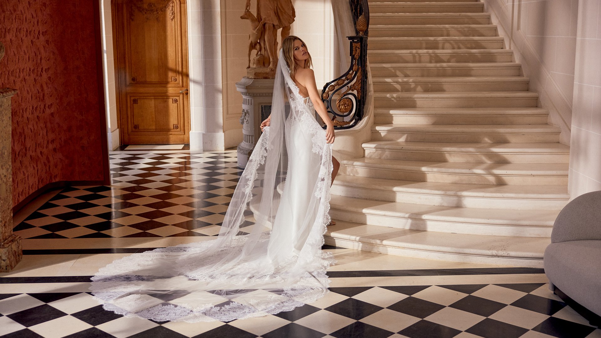 Justin Alexander Style 88547 Nina Crepe Fit and Flare Gown with Sheer Bodice and Exposed Boning with Basque Waistline
