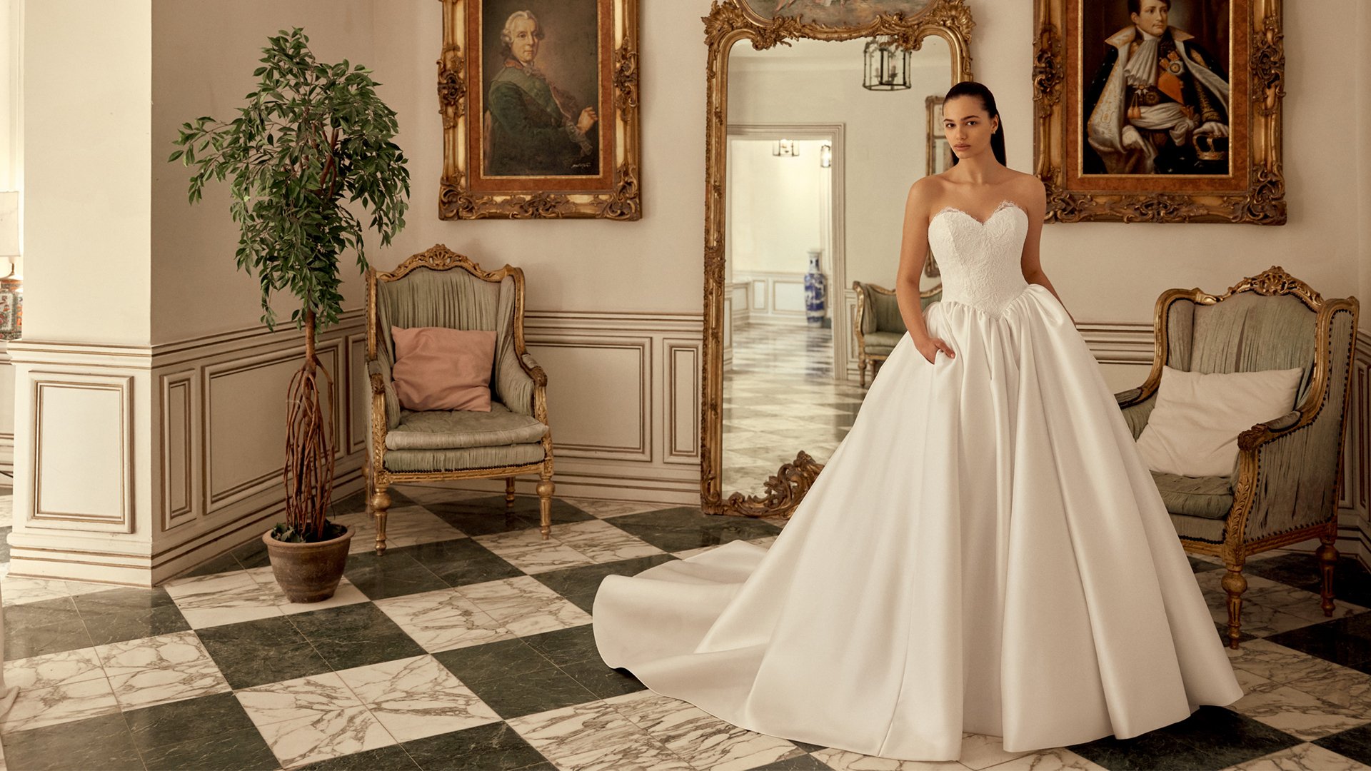 Justin Alexander Style 88548 Narcissa Stretch Mikado Ball Gown with Corded Alençon Lace Bodice and Basque Waistline