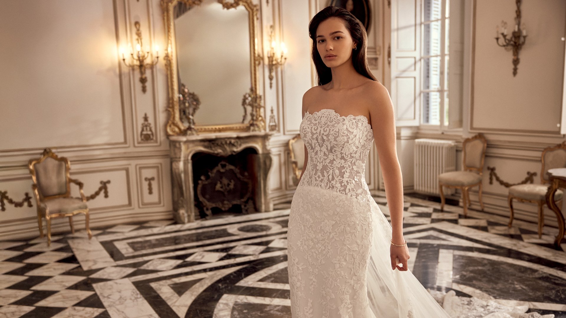 Justin Alexander Style 88558 Natalia Sequined Lace Fit and Flare With Strapless Scalloped Neckline and Chapel Length Train with Pointed Detail