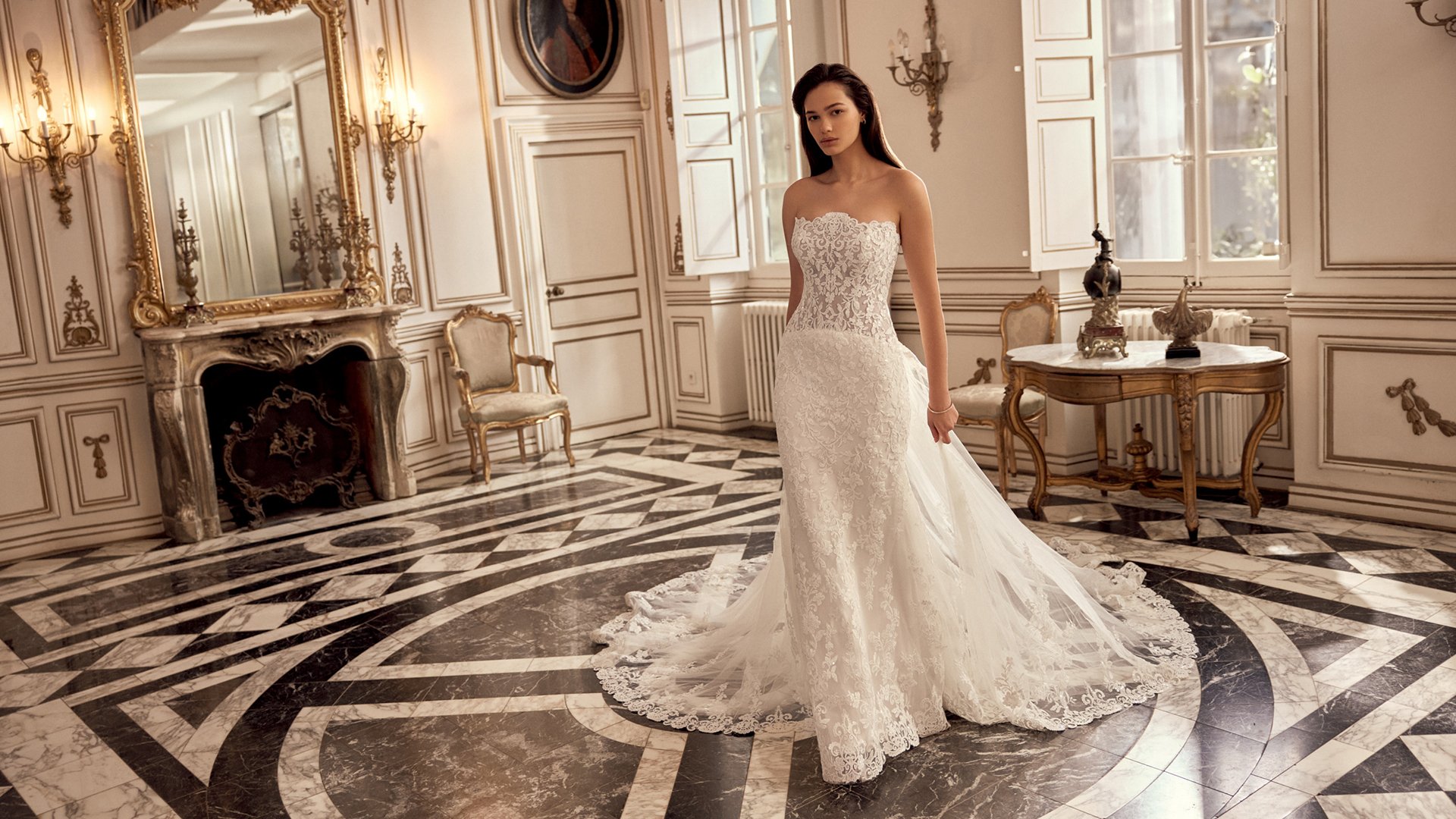 Justin Alexander Style 88558 Natalia Sequined Lace Fit and Flare With Strapless Scalloped Neckline and Chapel Length Train with Pointed Detail