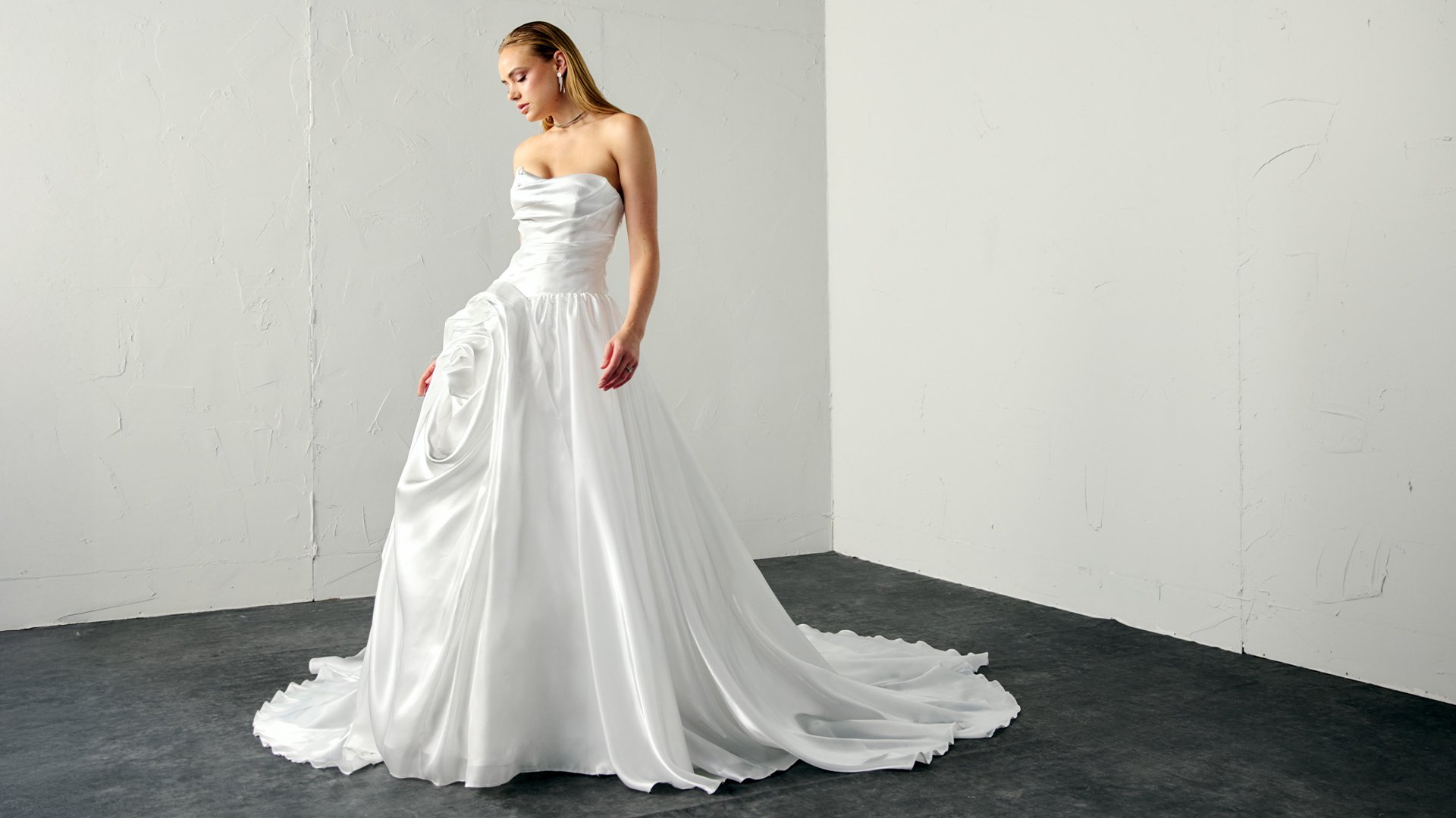 Justin Alexander Signature Style 99381 MUSE Liquid Organza Ball Gown with Ruched Bodice and 3D Rosette on Skirt