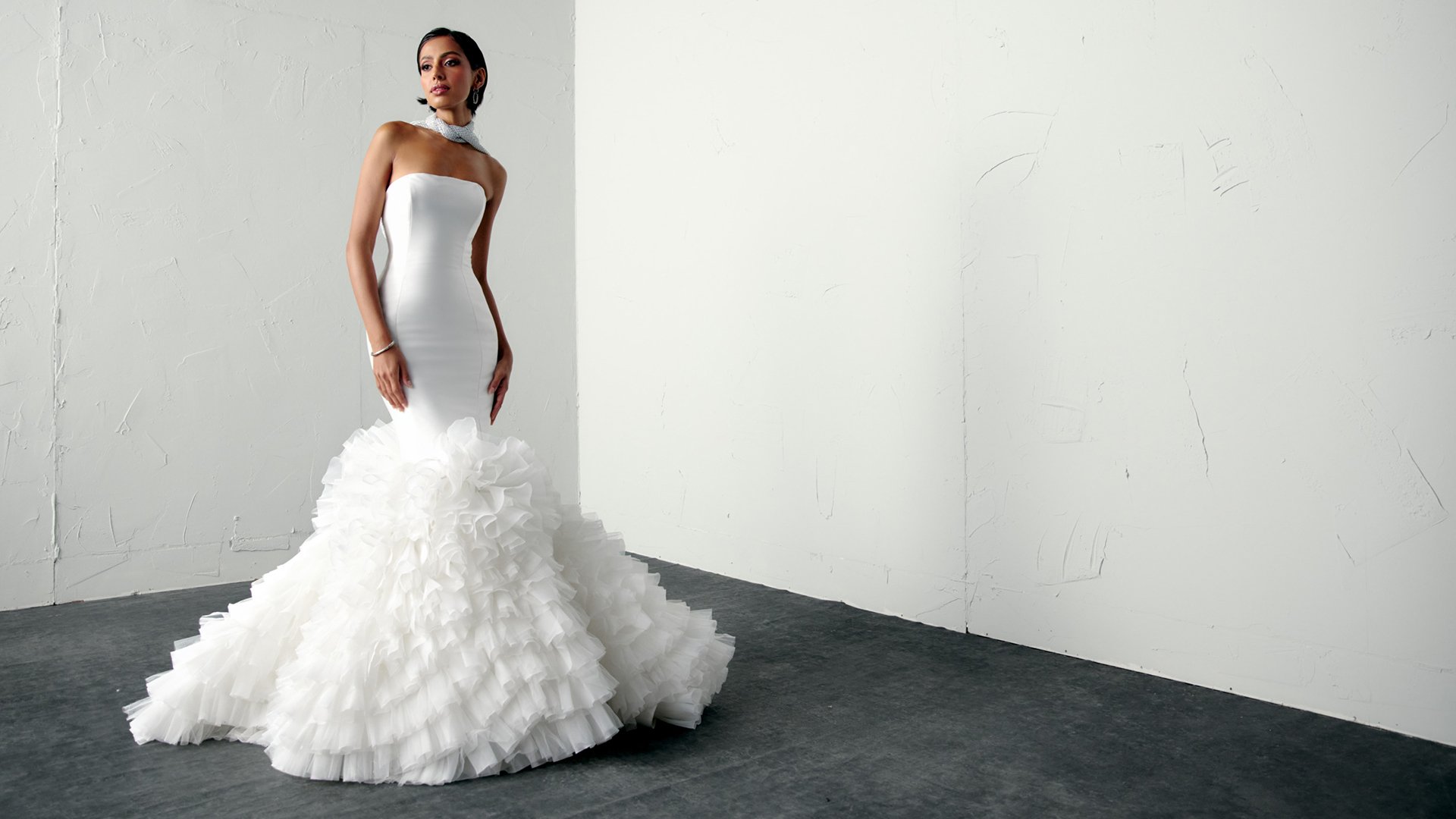 Justin Alexander Signature Style 99383 DARE Mermaid Gown with Mikado Bodice and Organza and Tulle Ruffled Skirt