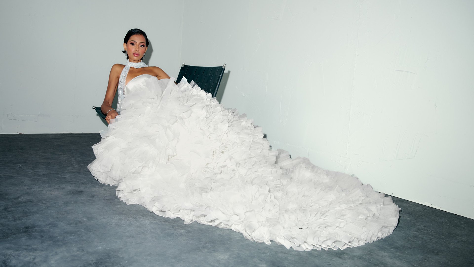 Justin Alexander Signature Style 99383 DARE Mermaid Gown with Mikado Bodice and Organza and Tulle Ruffled Skirt