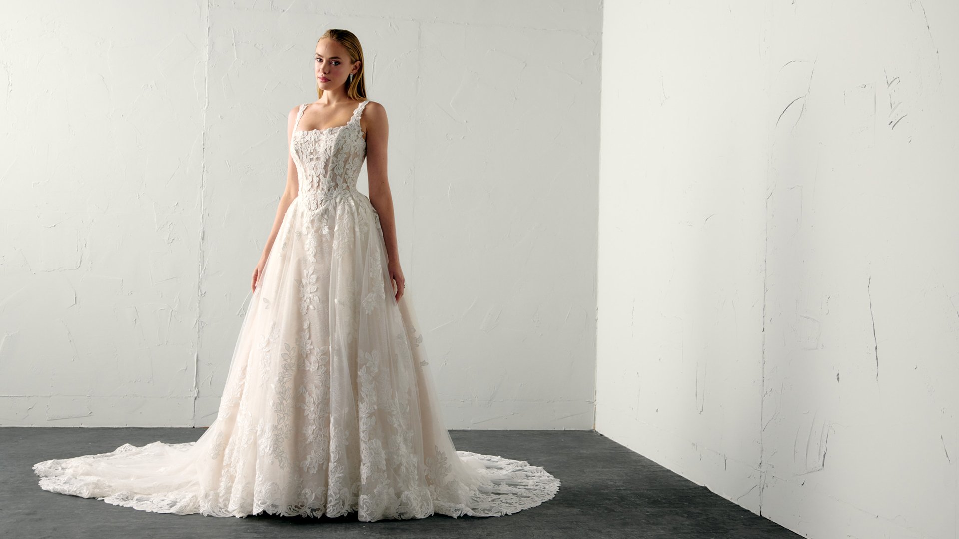 Justin Alexander Signature Style 99394 NOOR Sparkling Lace Ball Gown with Square Neckline and Basque Waistline