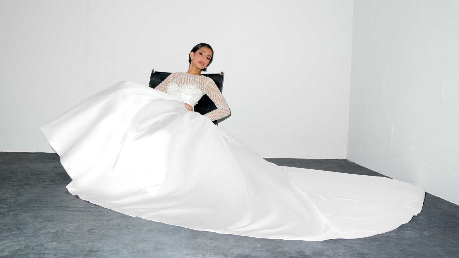 Justin Alexander Signature Style 99401 WHISPER Mikado Ball Gown with Fully Beaded Sabrina Neckline and Long Sleeves