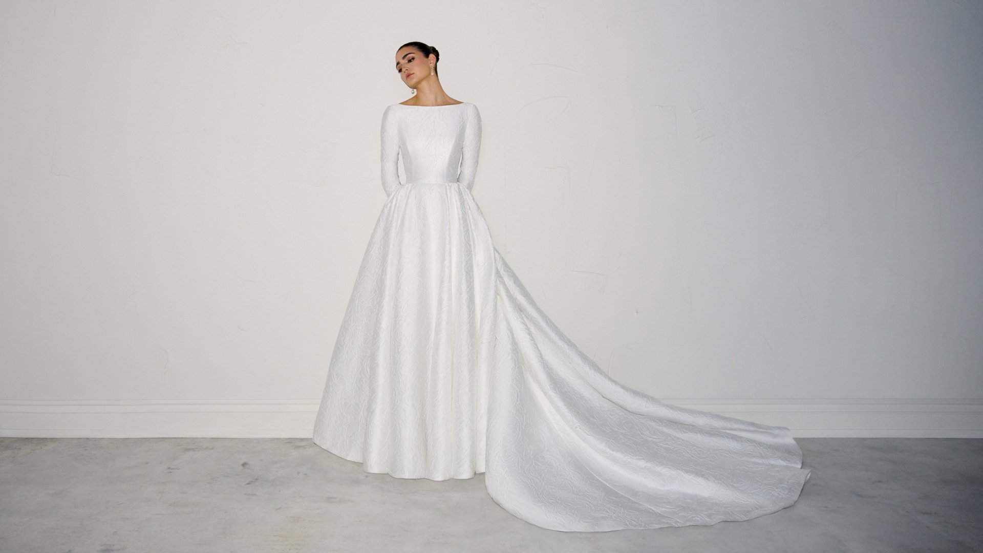 Justin Alexander Signature Style 99368 CALISTA Brocade A-Line Gown with Sabrina Neckline, Long Sleeves and Open Back