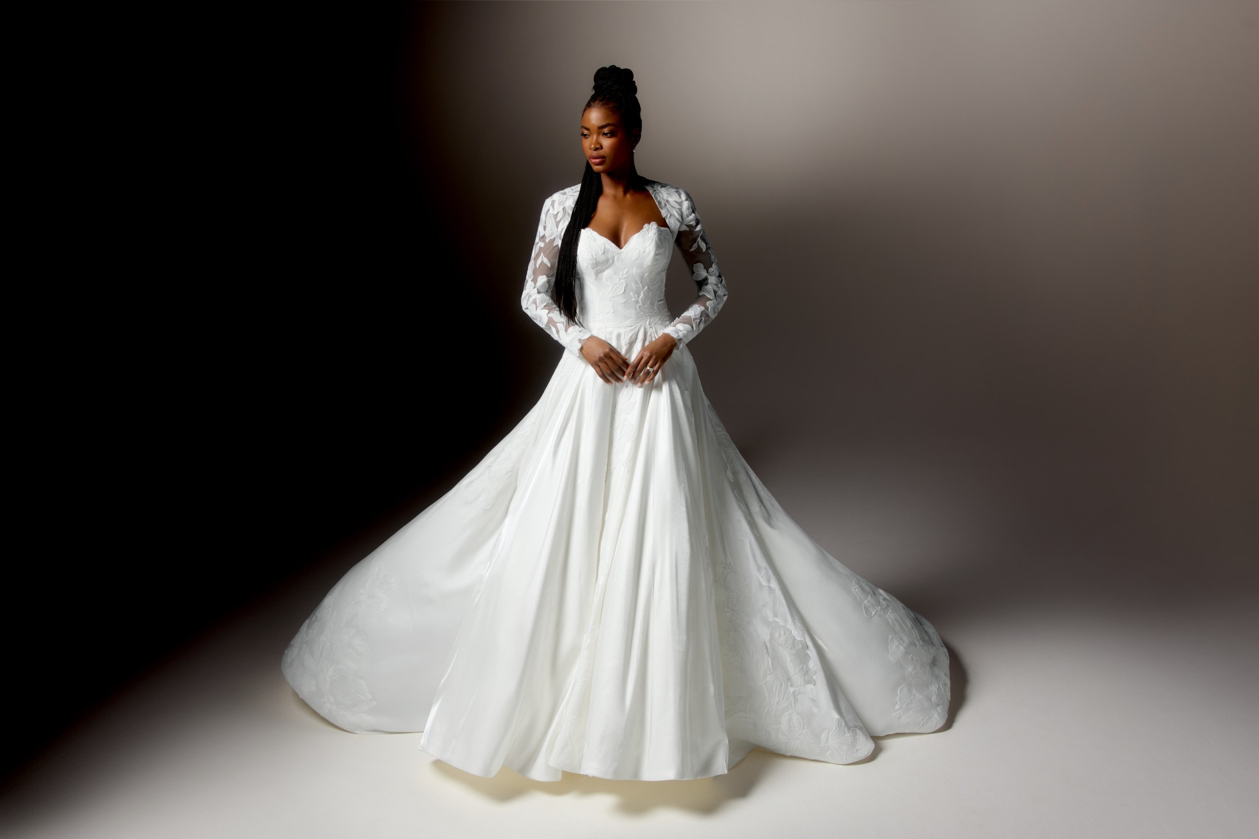 Justin Alexander Signature Style 99414 LUCEA Liquid Charmeuse A-Line Gown with Strapless Sweetheart Neckline and Floral Matte Lace Appliqués