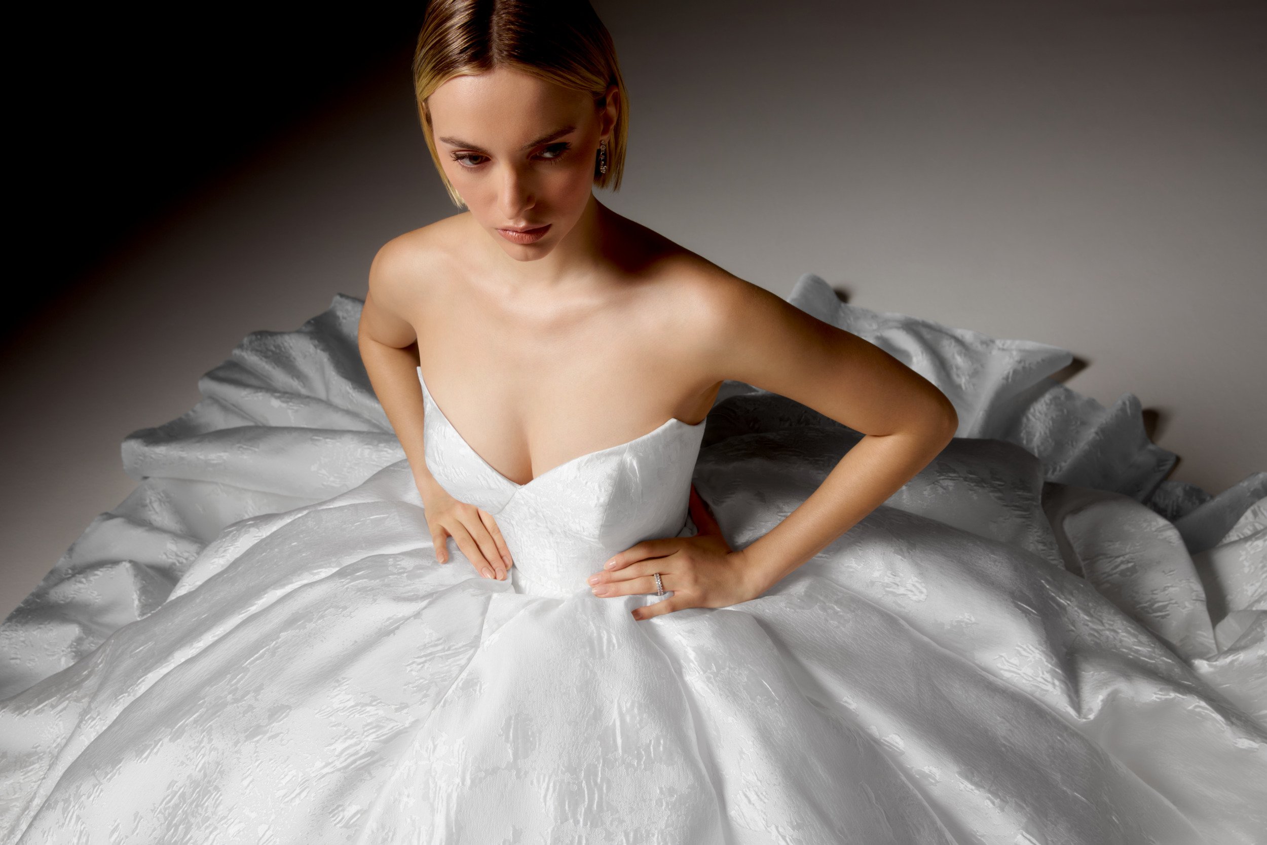Justin Alexander Signature Style 99416 PALAZZO Brocade Ball Gown with Strapless Sweetheart Neckline, Dramatic Basque Waistline, and Hip Puffs