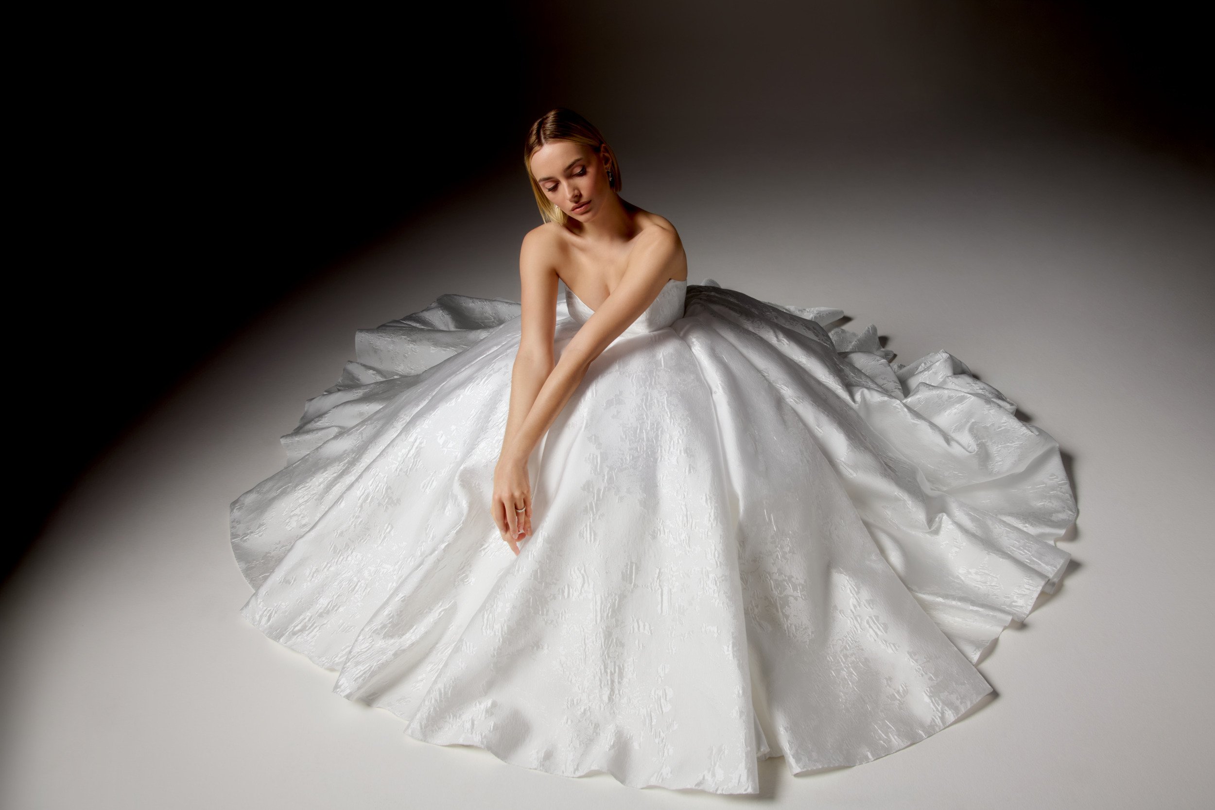 Justin Alexander Signature Style 99416 PALAZZO Brocade Ball Gown with Strapless Sweetheart Neckline, Dramatic Basque Waistline, and Hip Puffs