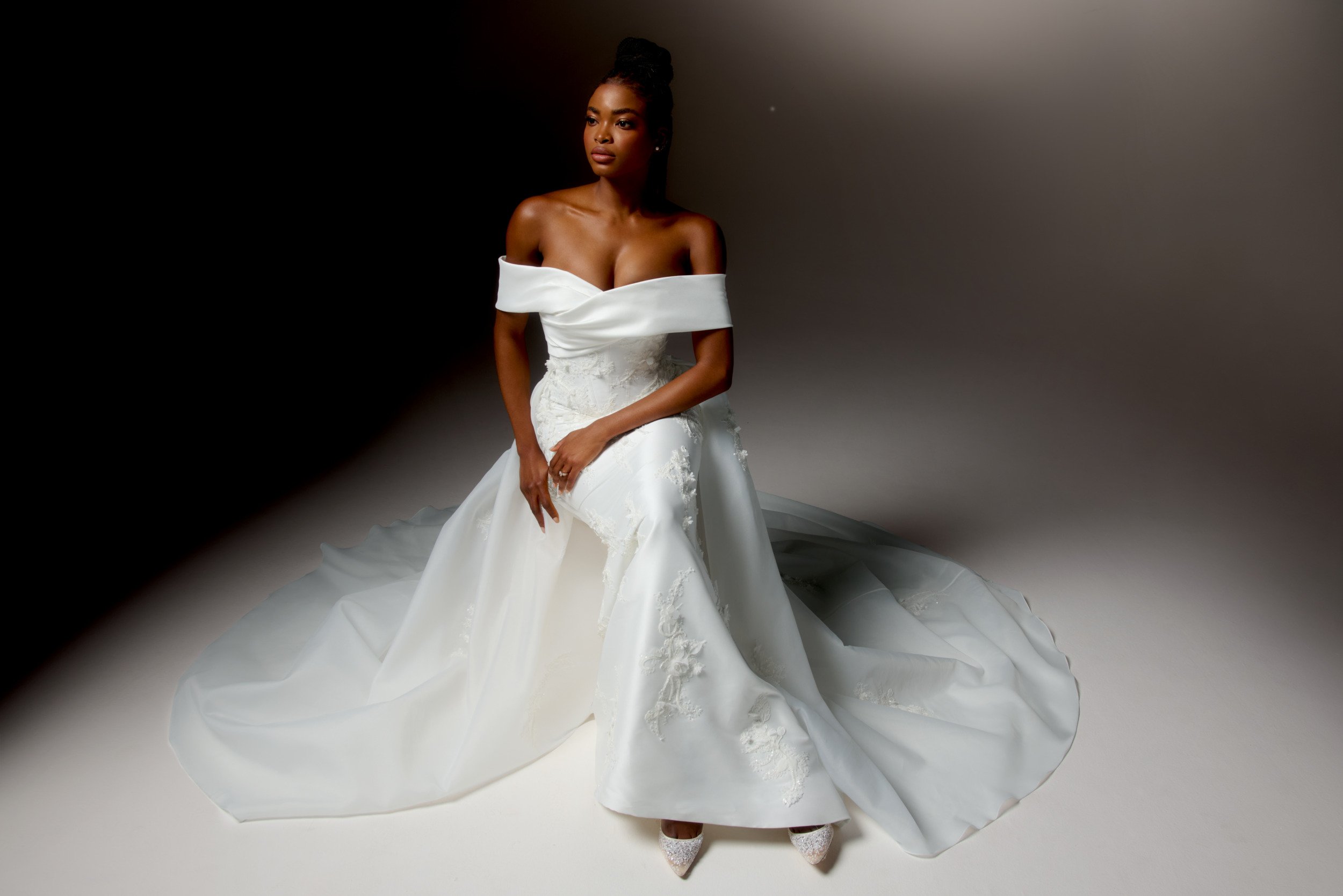 Justin Alexander Signature Style 99425 VOLTERRA Stretch Mikado Fit and Flare Gown with Off-the-Shoulder Portrait Neckline and Beaded Bodice and Skirt