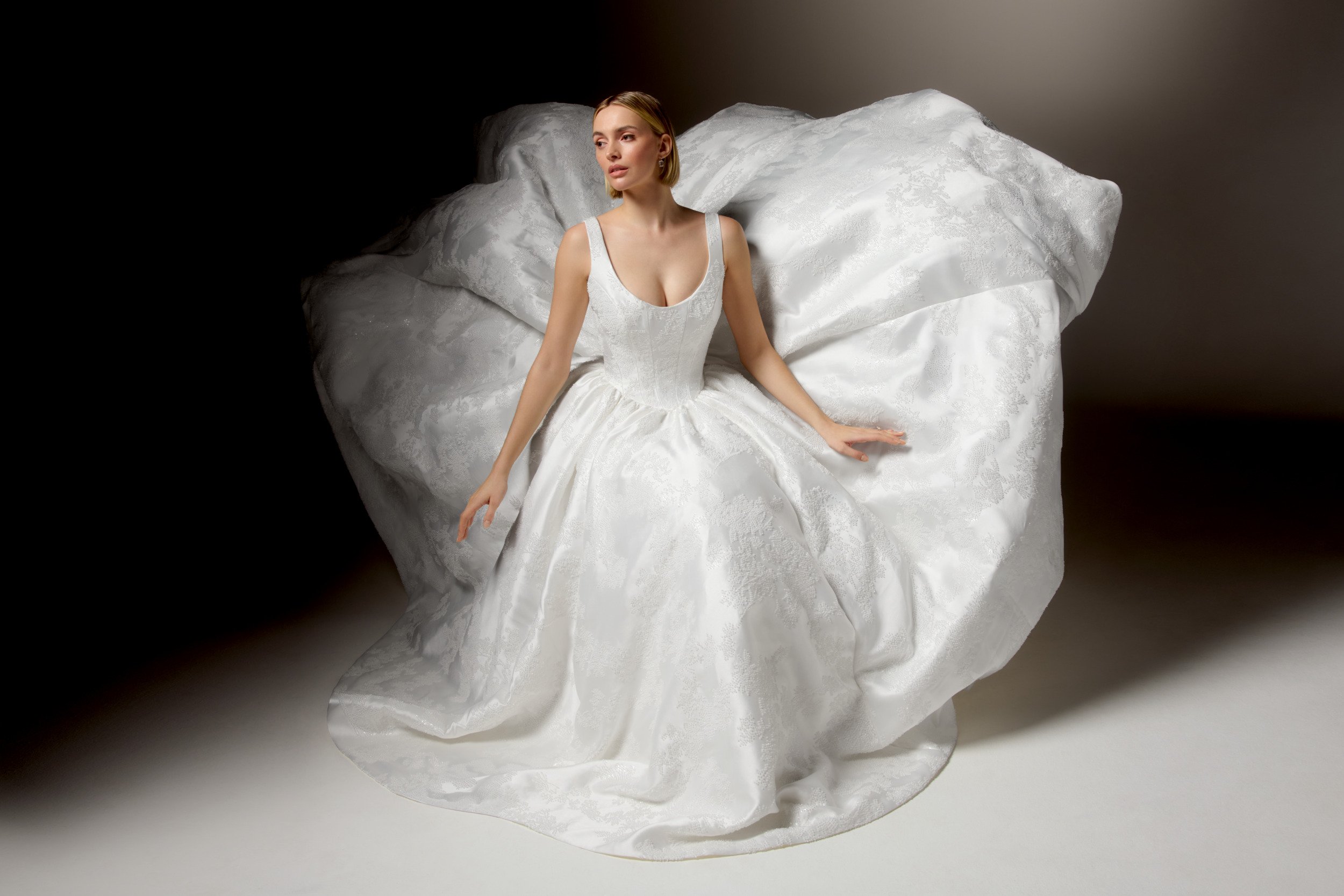 Justin Alexander Signature Style 99427 SERATA Allover Beaded Mikado Ball Gown with Scoop Neckline, Basque Waistline, and Pockets