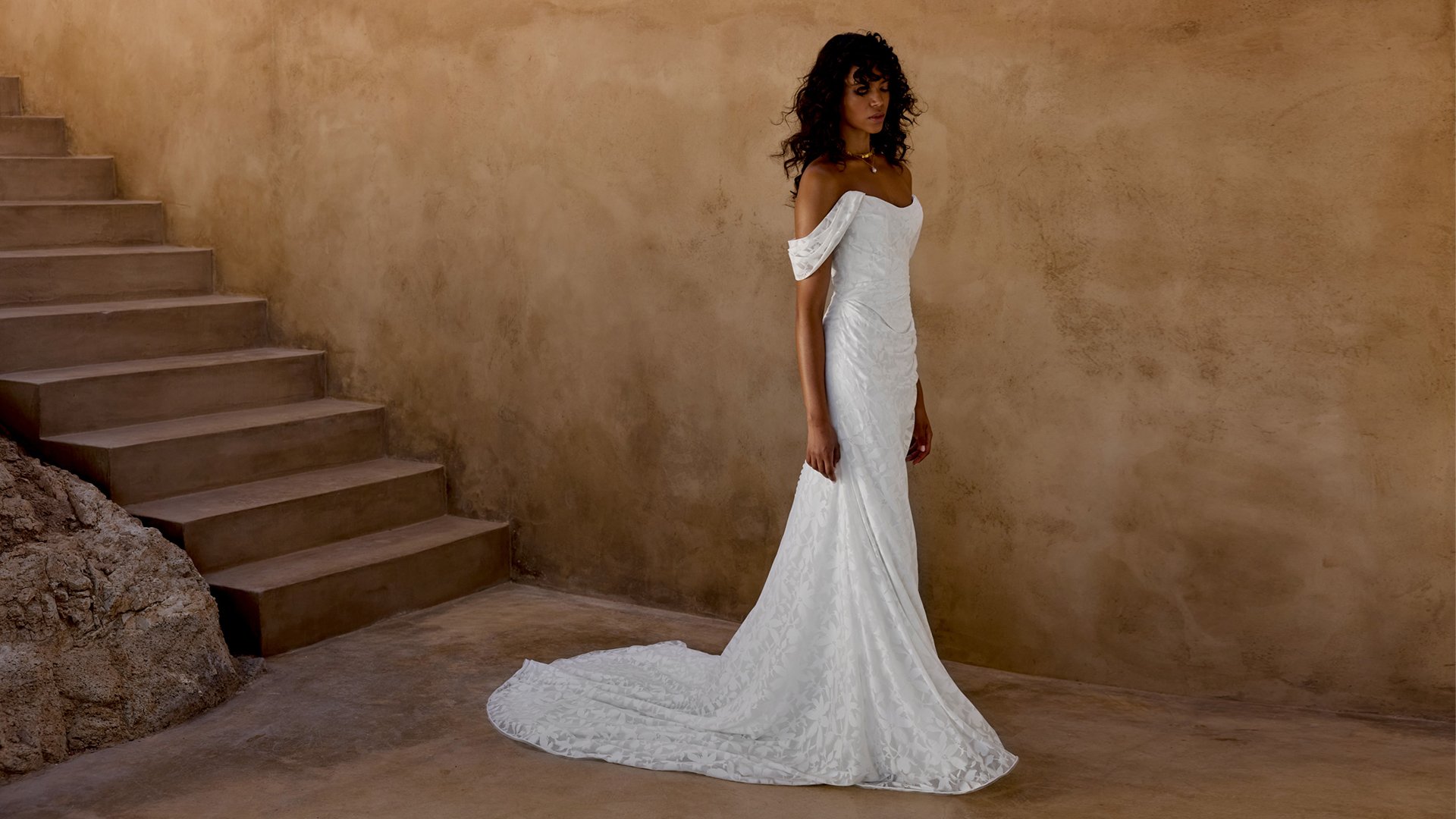 Lillian West Style 66442 Stretch Jacquard Fit and Flare Gown with Basque Waistline