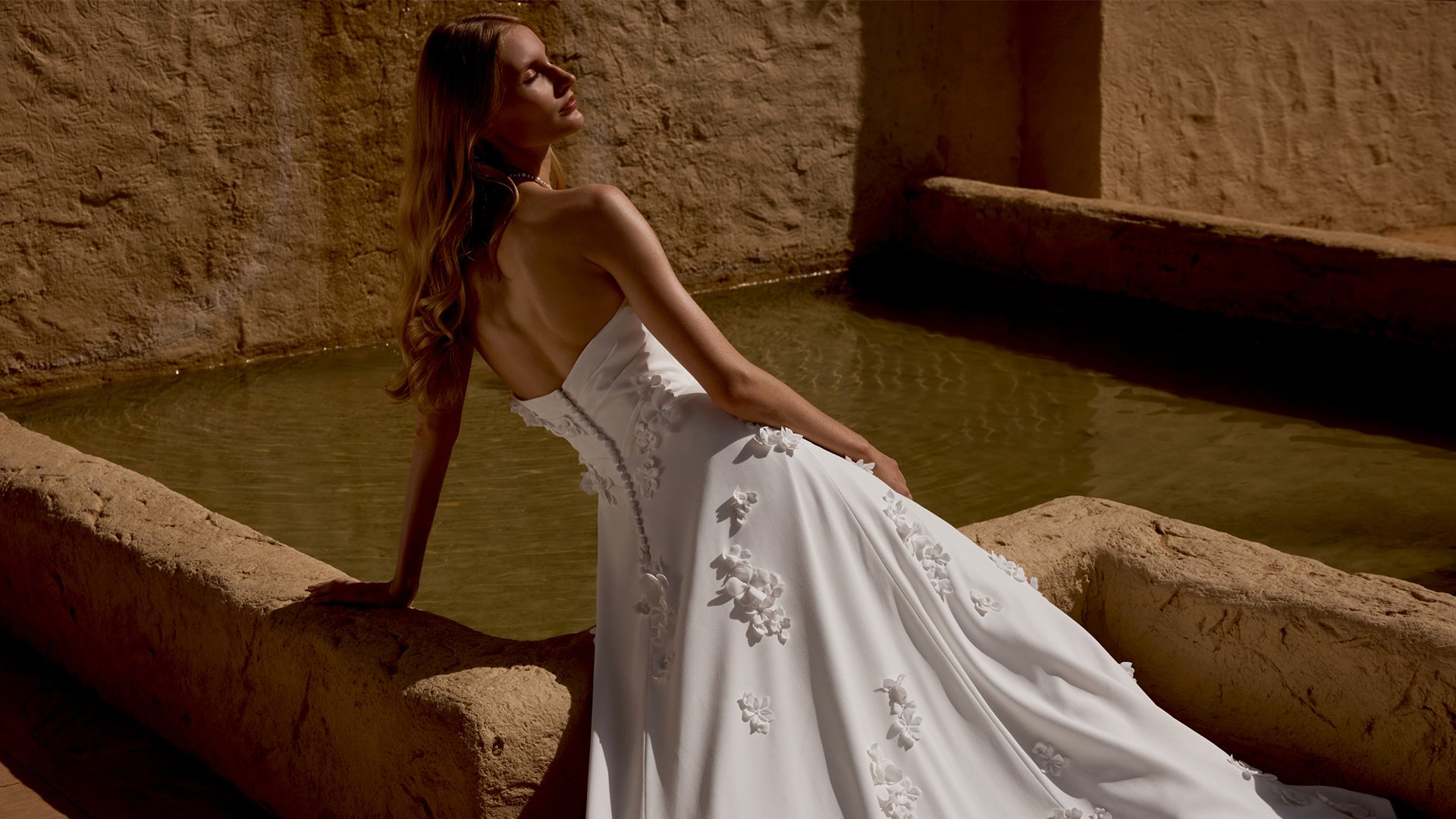Lillian West Style 66473 Sweetheart Strapless Crepe Gown with Delicate Pleating on Bodice and 3D Floral Appliqués