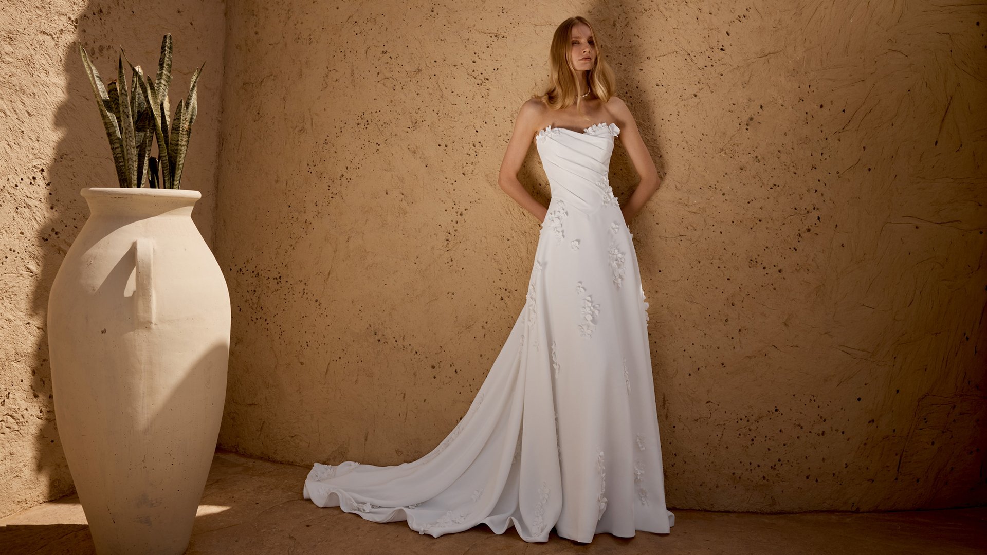 Lillian West Style 66473 Sweetheart Strapless Crepe Gown with Delicate Pleating on Bodice and 3D Floral Appliqués