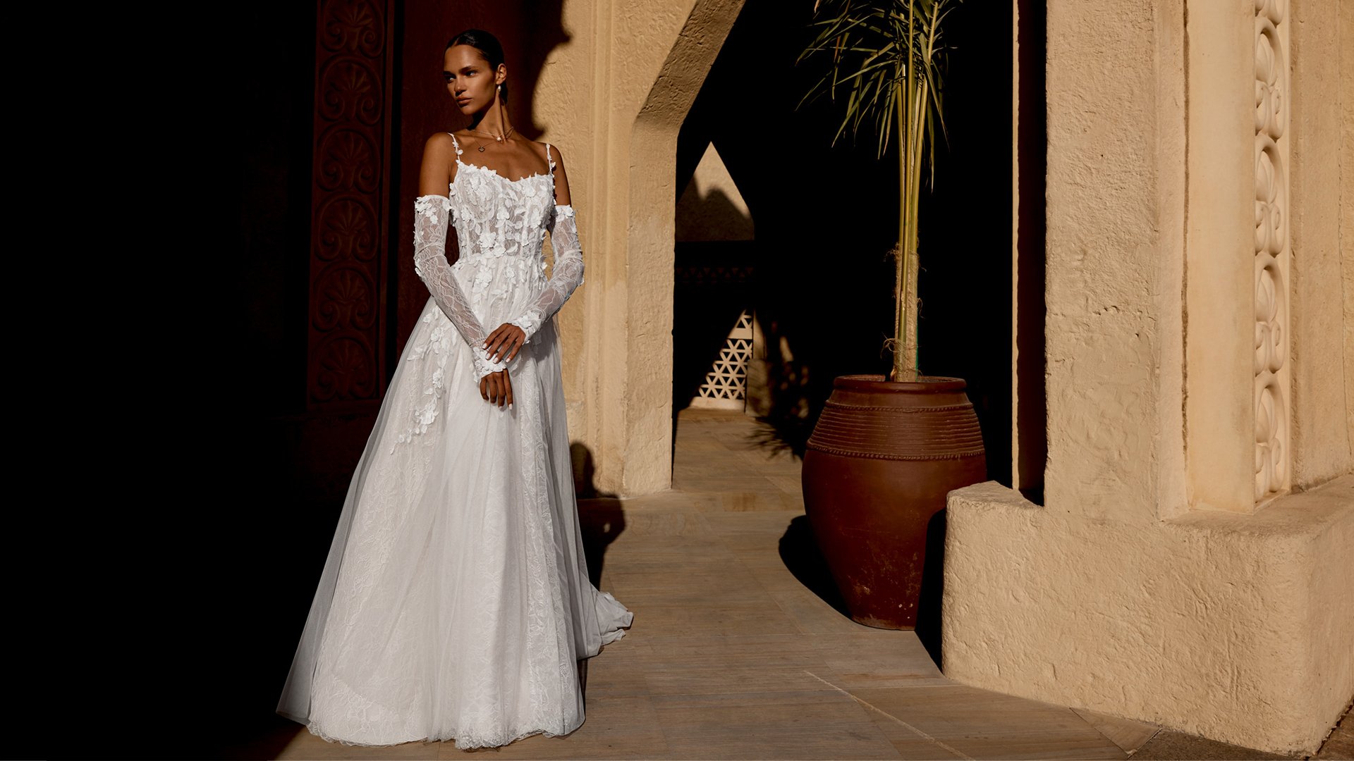 Lillian West Style 66487 Tulle A-Line Gown with Bikini Neckline with Spaghetti Straps and Matte 3D Floral Lace Appliqués