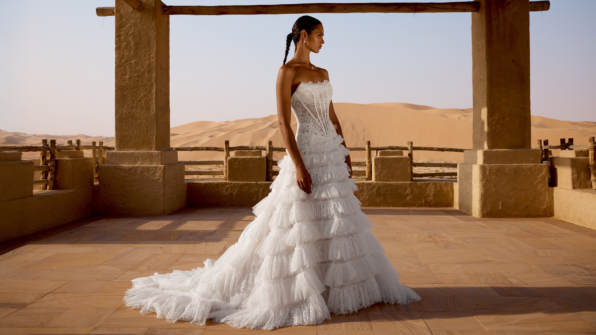 Lillian West Style 66497 Allover Lace Ball Gown with Sheer Bodice and Tiered Ruffled Chantilly Skirt