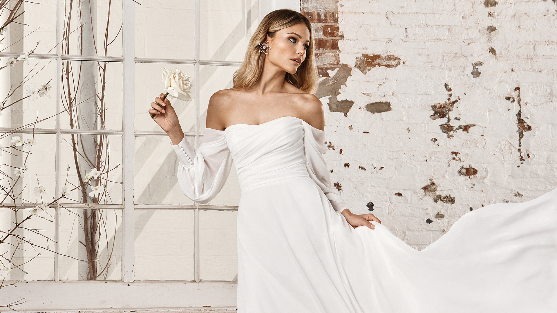 Sincerity Bridal Style 44385 Off the Shoulder Chiffon A-Line Bridal Gown with Pleated Bodice