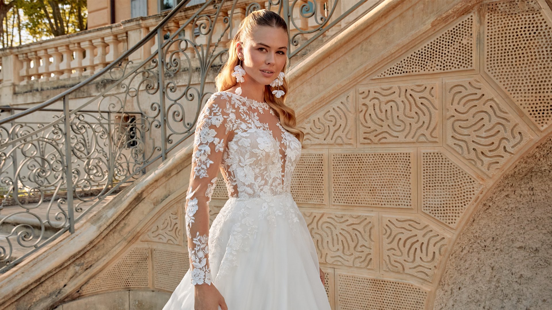 Sincerity Bridal Style 44572 Long Sleeve Organza Ball Gown with Sparkling Lace Appliqué