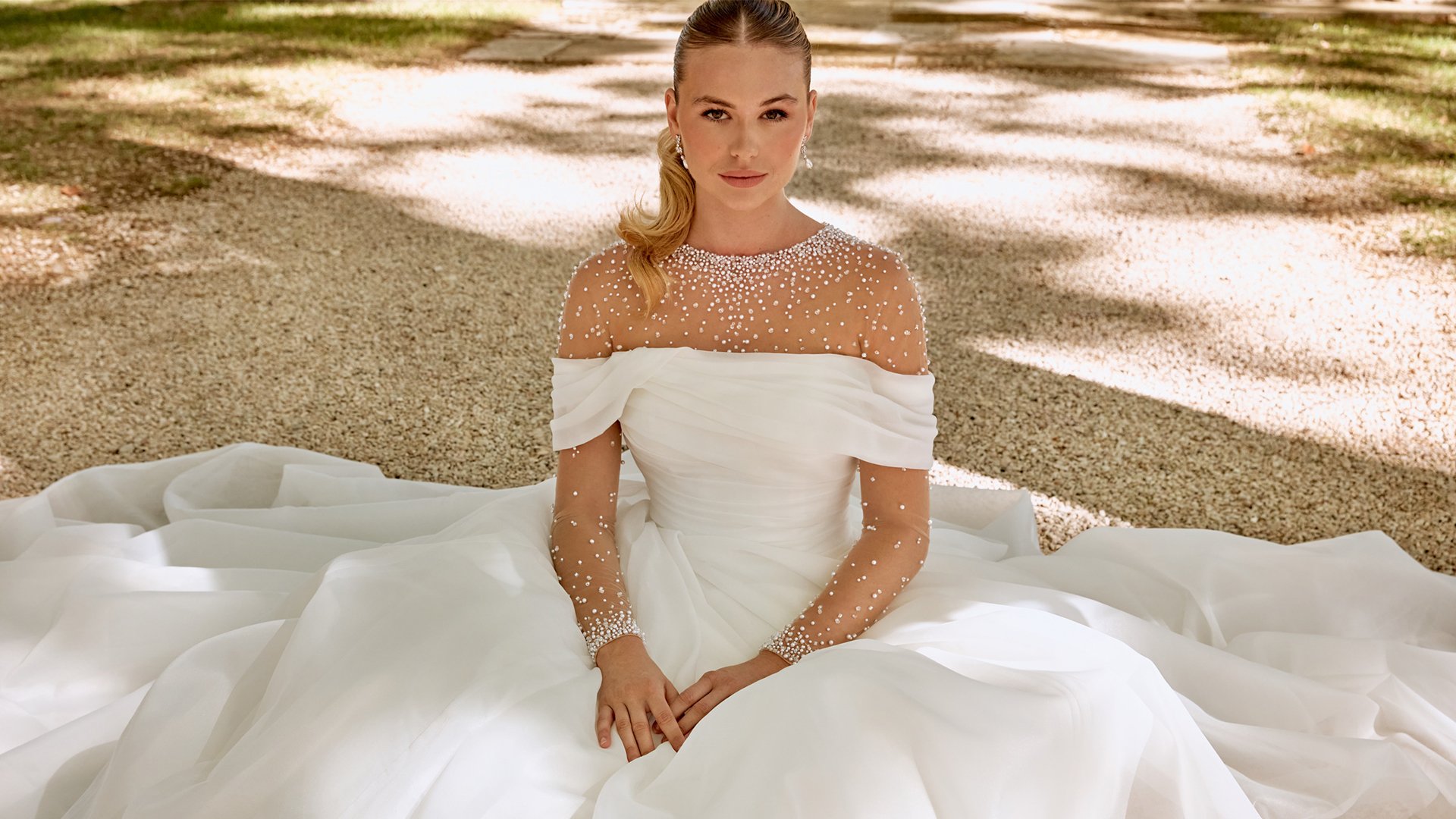 Sincerity Bridal Style 44581 Organza Ball Gown with Draped Off-The-Shoulder Neckline