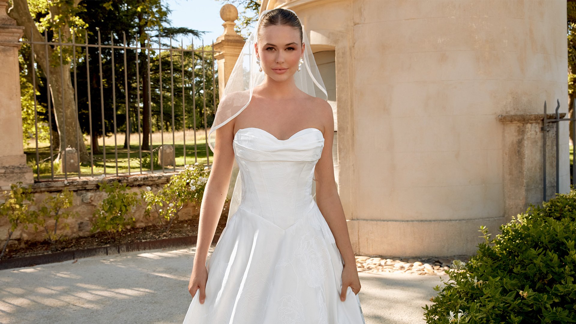 Sincerity Bridal Style 44588 Brocade Strapless Basque Waist Ball Gown with Draped Front Neckline