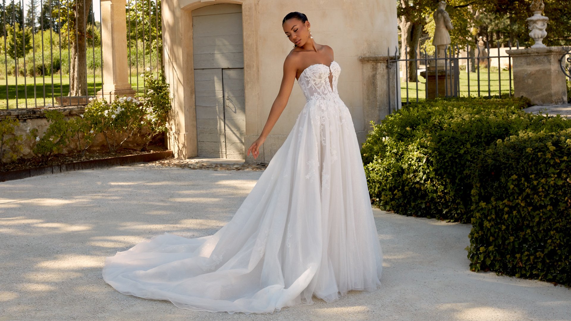Sincerity Bridal Style 44593 Strapless Tulle Gown with Beaded Lace and Basque Waistline