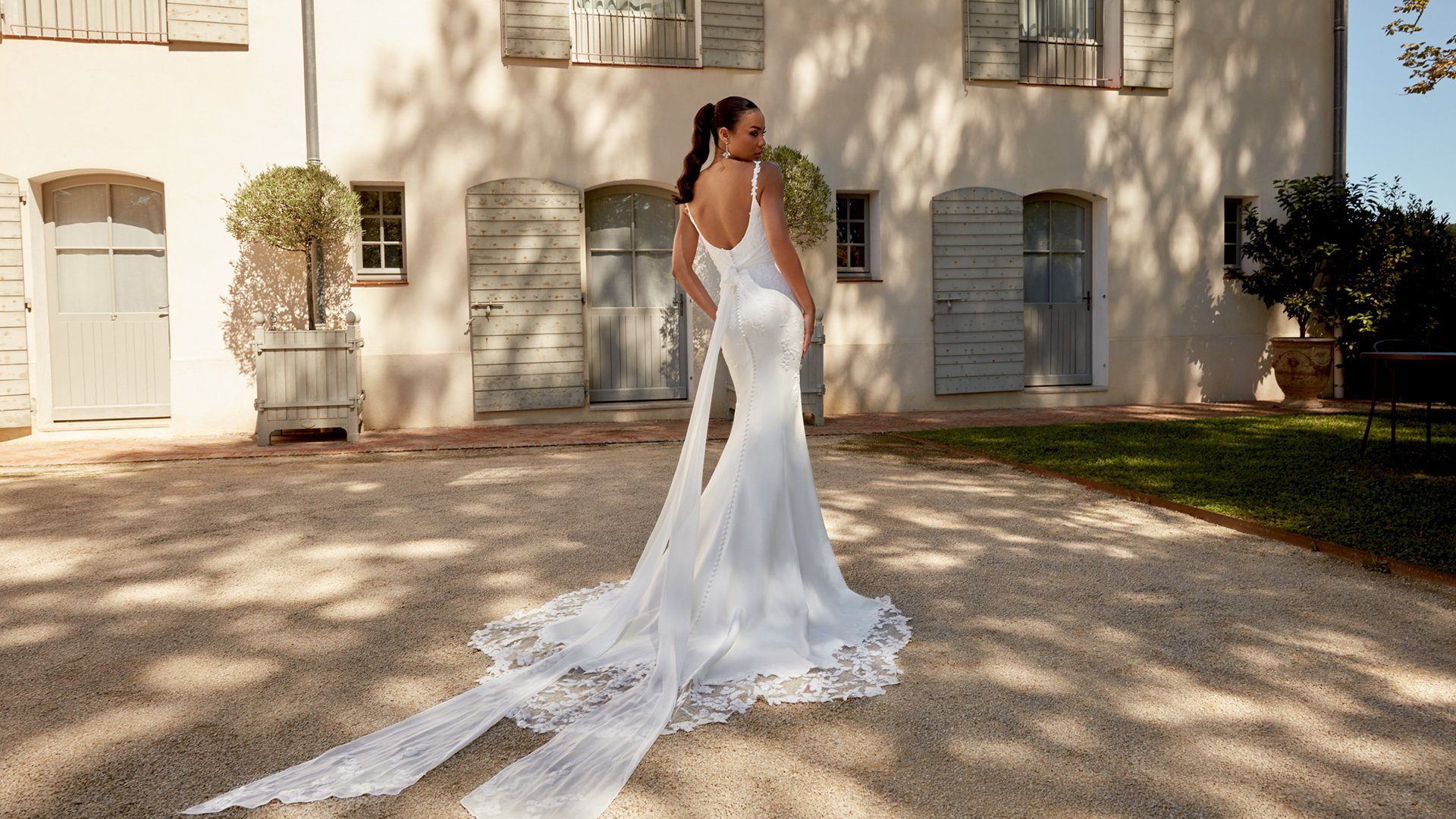 Sincerity Bridal Style 44594 Bikini Neckline Crepe Fit and Flare with Sequin Lace and Cutout Train