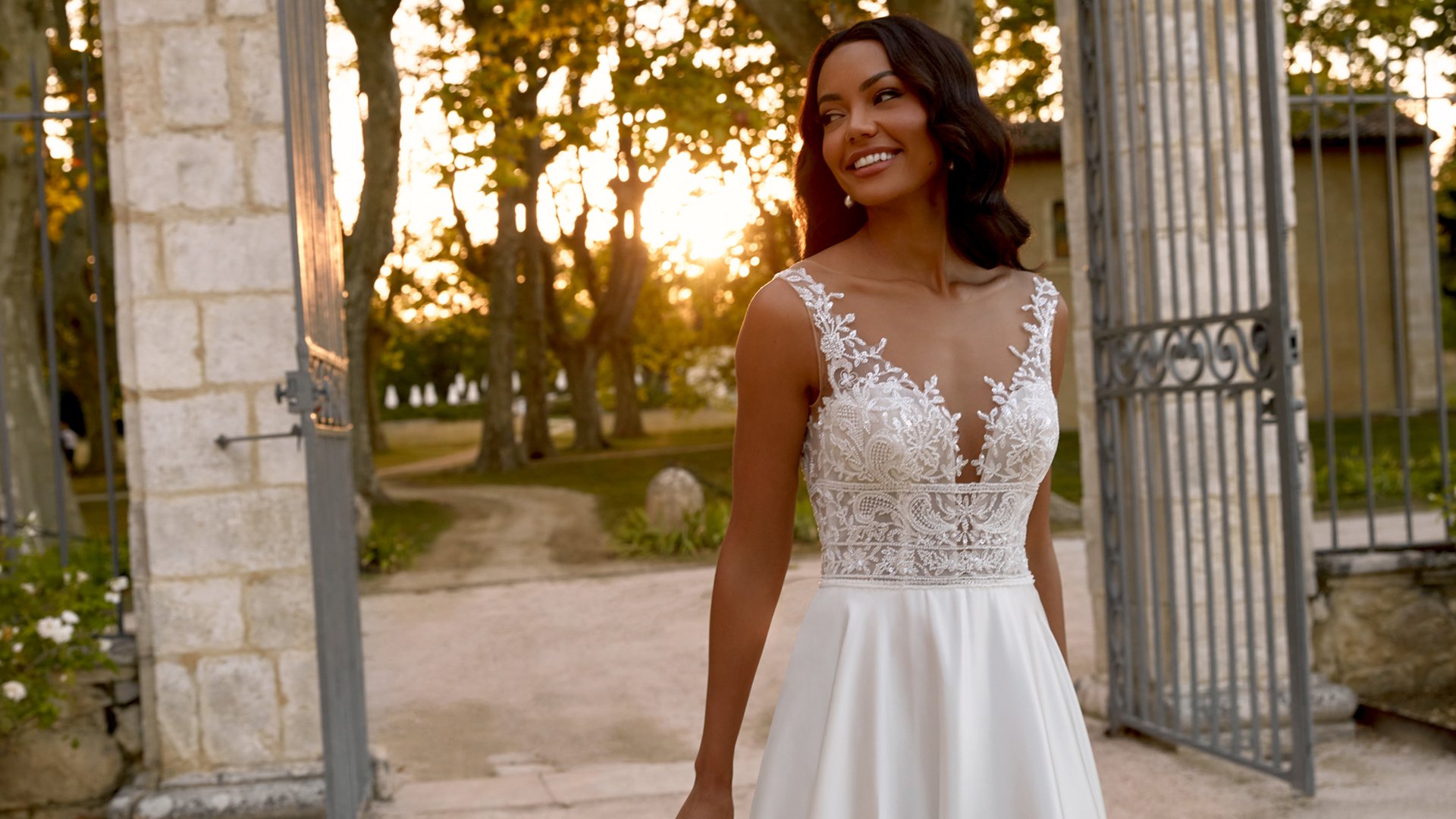 Sincerity Bridal Style 44595 Illusion Neckline Charmeuse A-Line Gown with Tonal Beaded Bodice